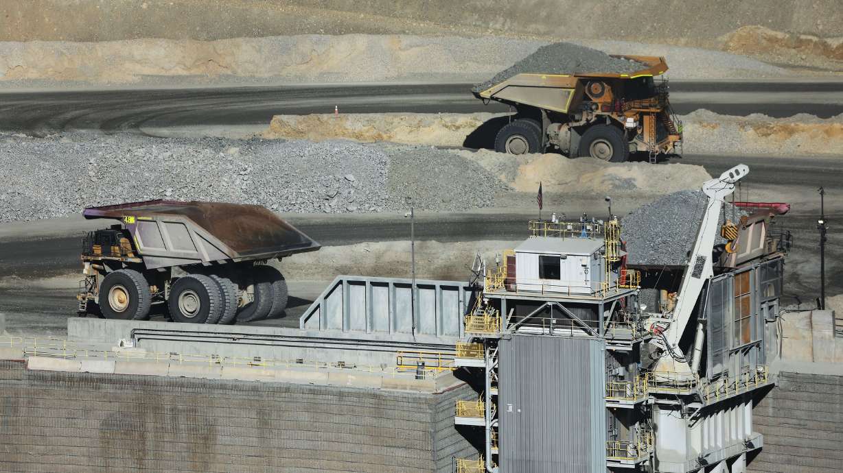 Haulage trucks are pictured at the Kennecott Copper Mine near Herriman on Sept. 27. The Utah Geological Survey is studying a source of the critical mineral indium found in Juab County.