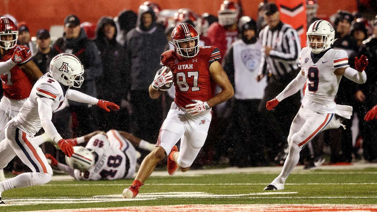 Utah Utes tight end Thomas Yassmin (87) runs after a catch as Utah and Arizona play at Rice-Eccles Stadium in Salt Lake City on Saturday, Nov. 5, 2022.