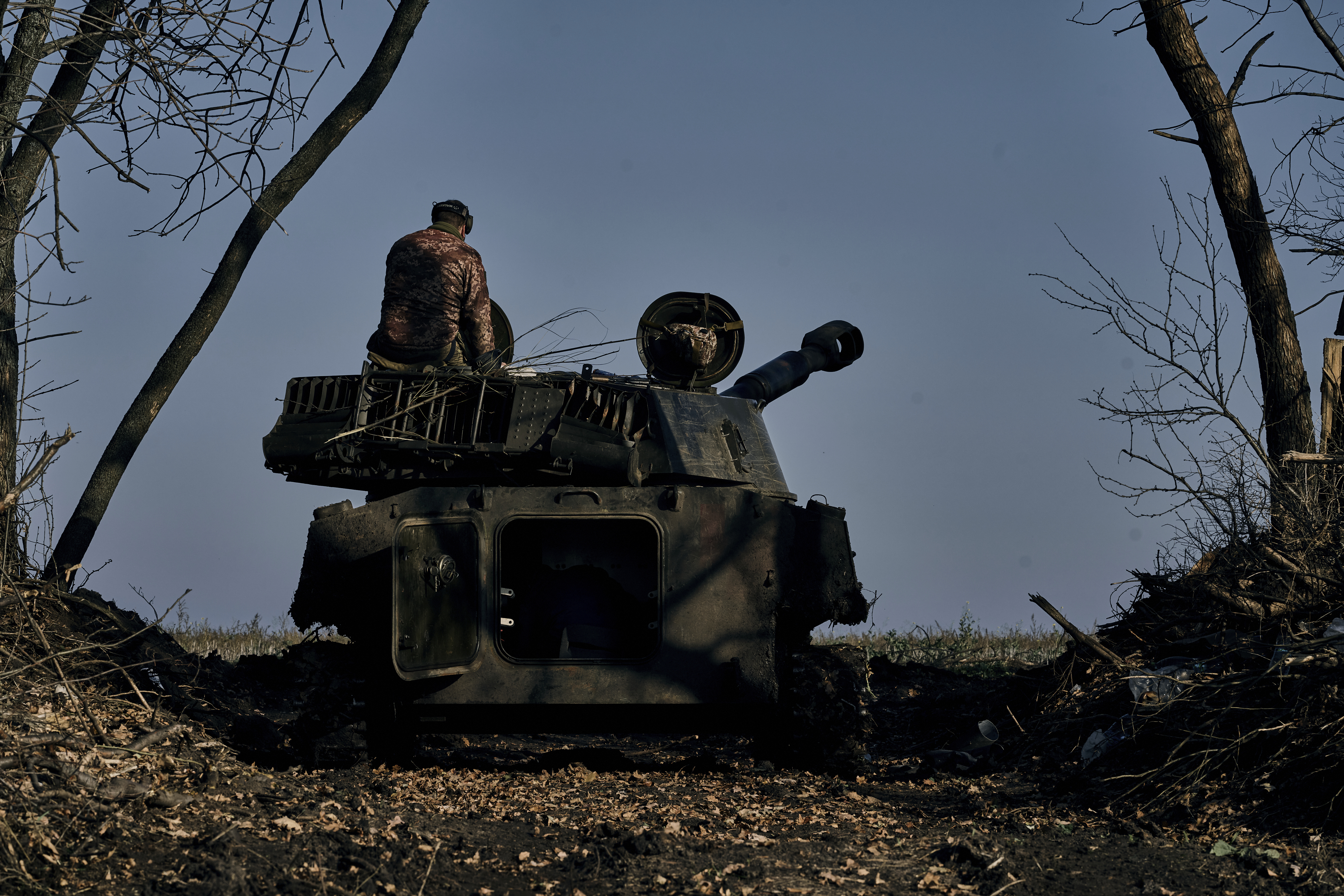A self-propelled artillery vehicle prepares to fire near Bakhmut, Donetsk region, Ukraine, Wednesday.