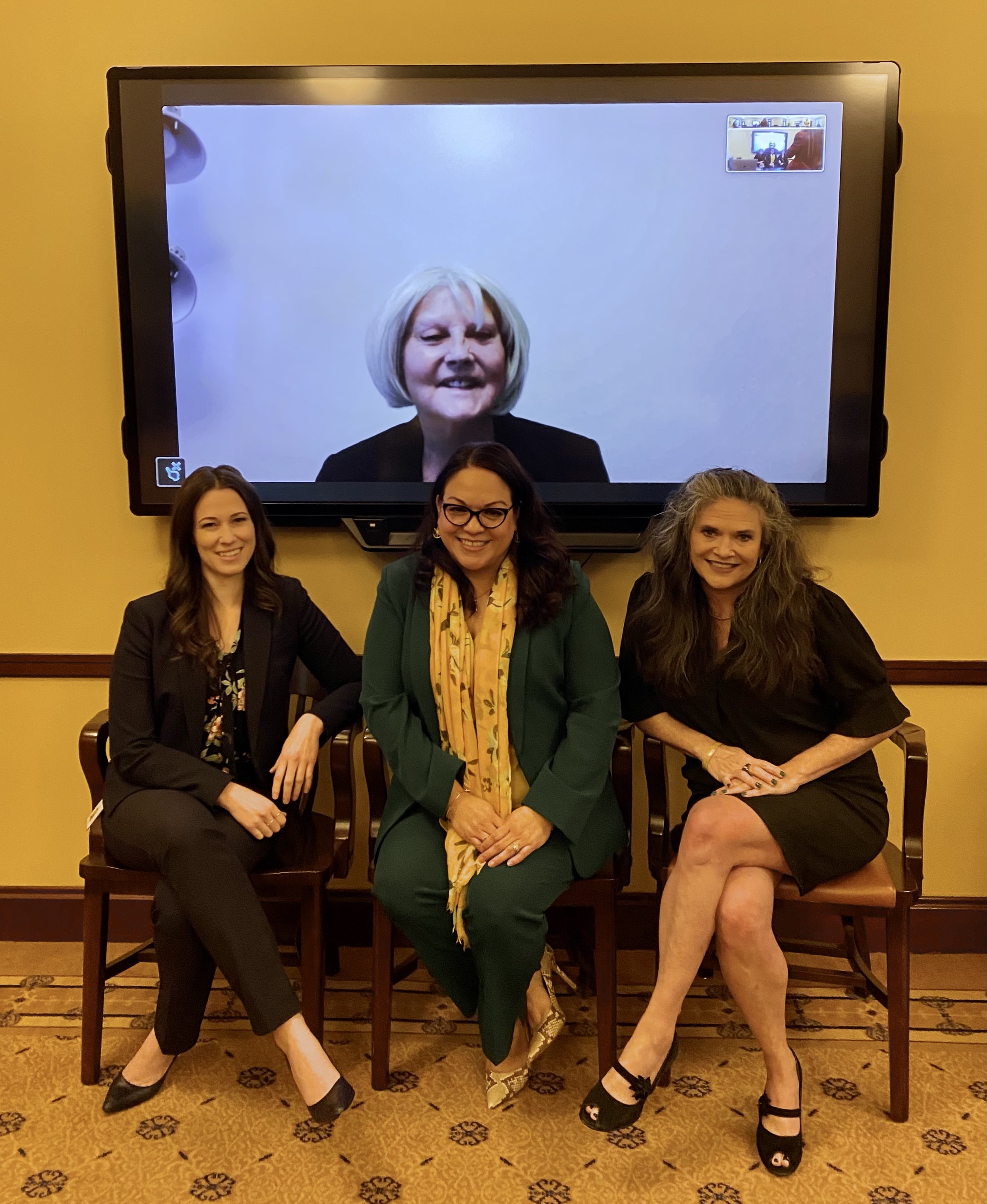 The Utah Senate Minority Caucus elected its leadership team on Thursday. From left: Senator-elect Stephanie Pitcher, Sen. Luz Escamilla, Senator-elect Jennifer Plumb. Sen. Karen Mayne is shown on screen.