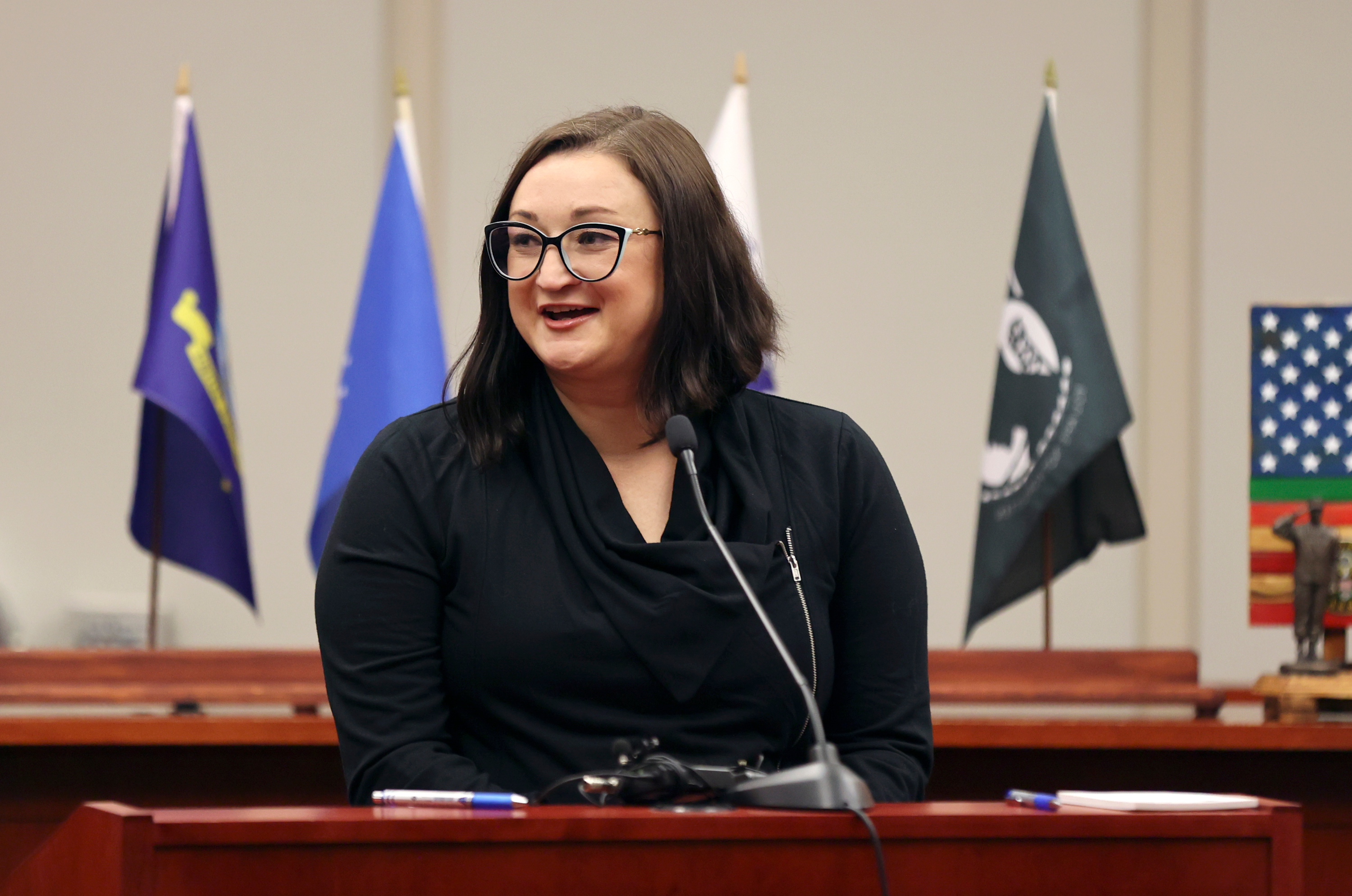 Air Force veteran and veterans court graduate Amber Anderton speaks during a veterans court graduation ceremony at the Matheson Courthouse in Salt Lake City on Thursday. Four veterans on Thursday celebrated new beginnings when they graduated from the Utah veterans court program after overcoming post-service challenges.