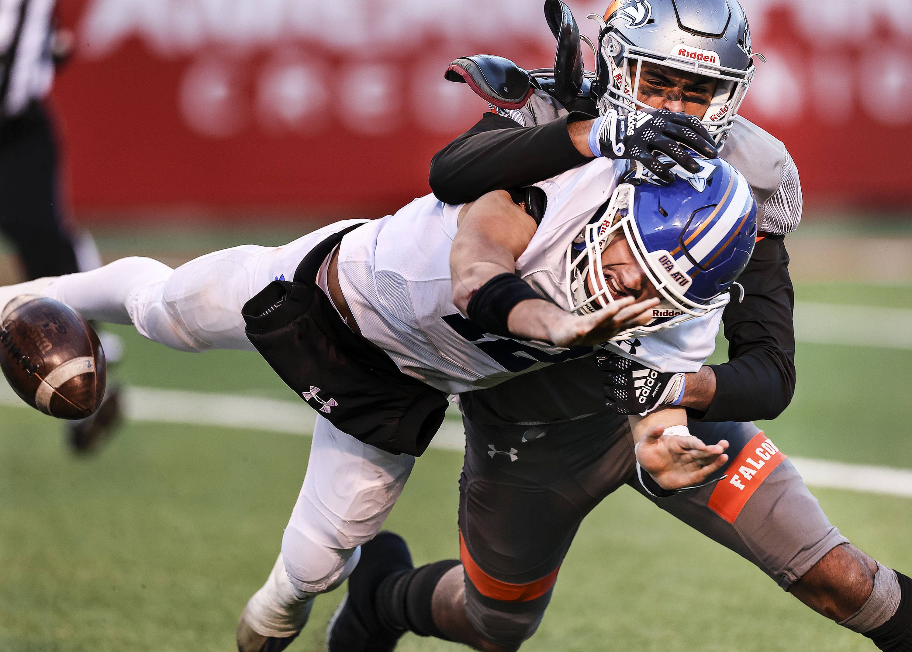 Bingham quarterback Dallen Martinez is sacked by Skyridge’s Tausili Akana during the 6A state semifinal game at Rice-Eccles Stadium in Salt Lake City on Thursday, Nov. 10, 2022. Skyridge won 45-20.