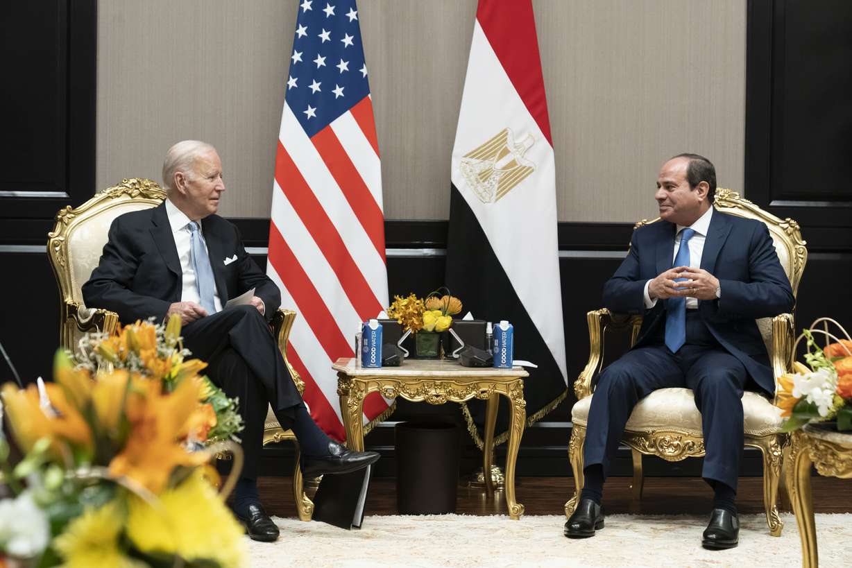 President Joe Biden speaks during a meeting with Egyptian President Abdel Fattah el-Sisi at the COP27 U.N. Climate Summit, Friday at Sharm el-Sheikh, Egypt.