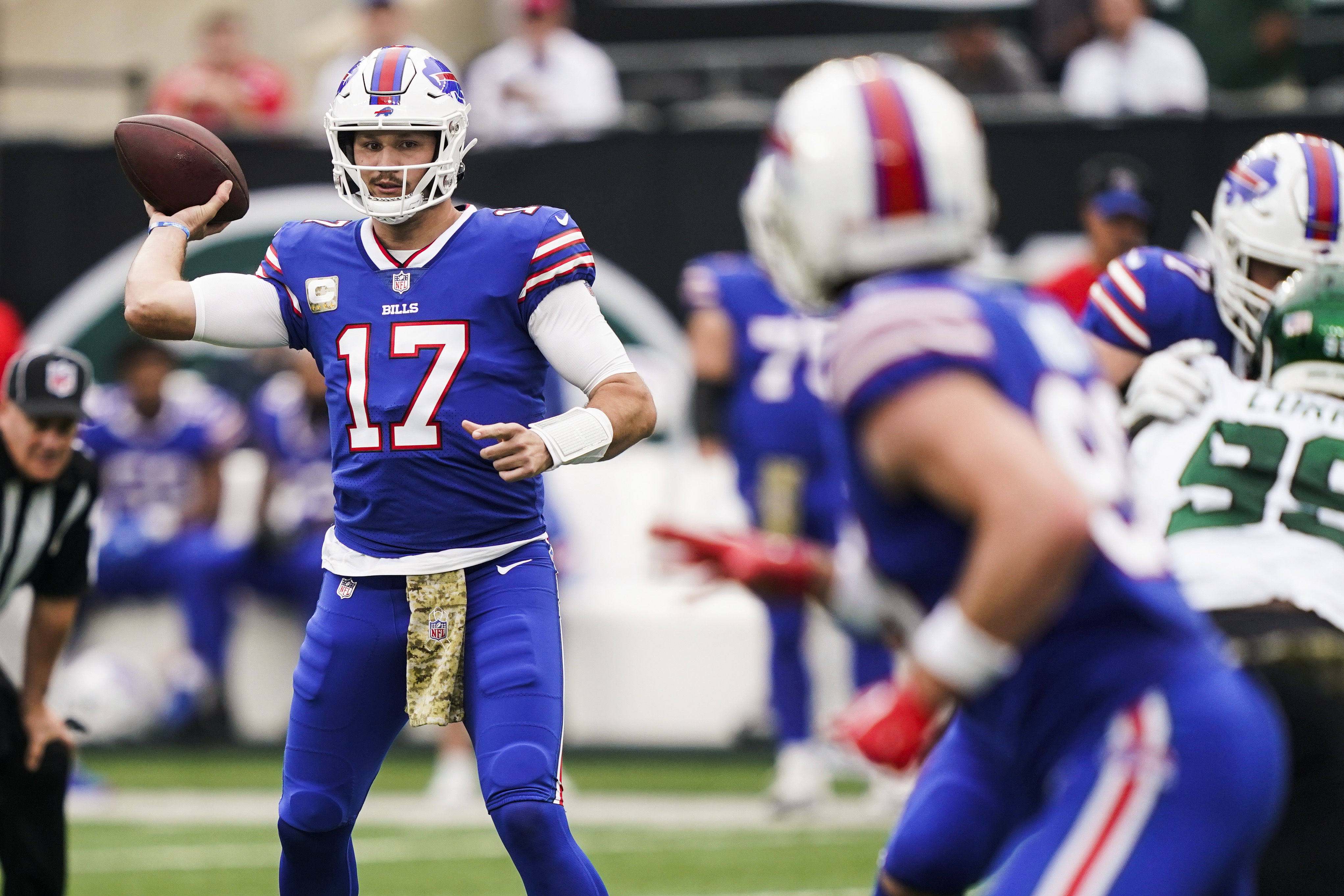 Buffalo Bills quarterback Josh Allen (17) throws a pass to Dawson Knox during the first half of an NFL football game against the New York Jets, Sunday, Nov. 6, 2022, in East Rutherford, N.J. 