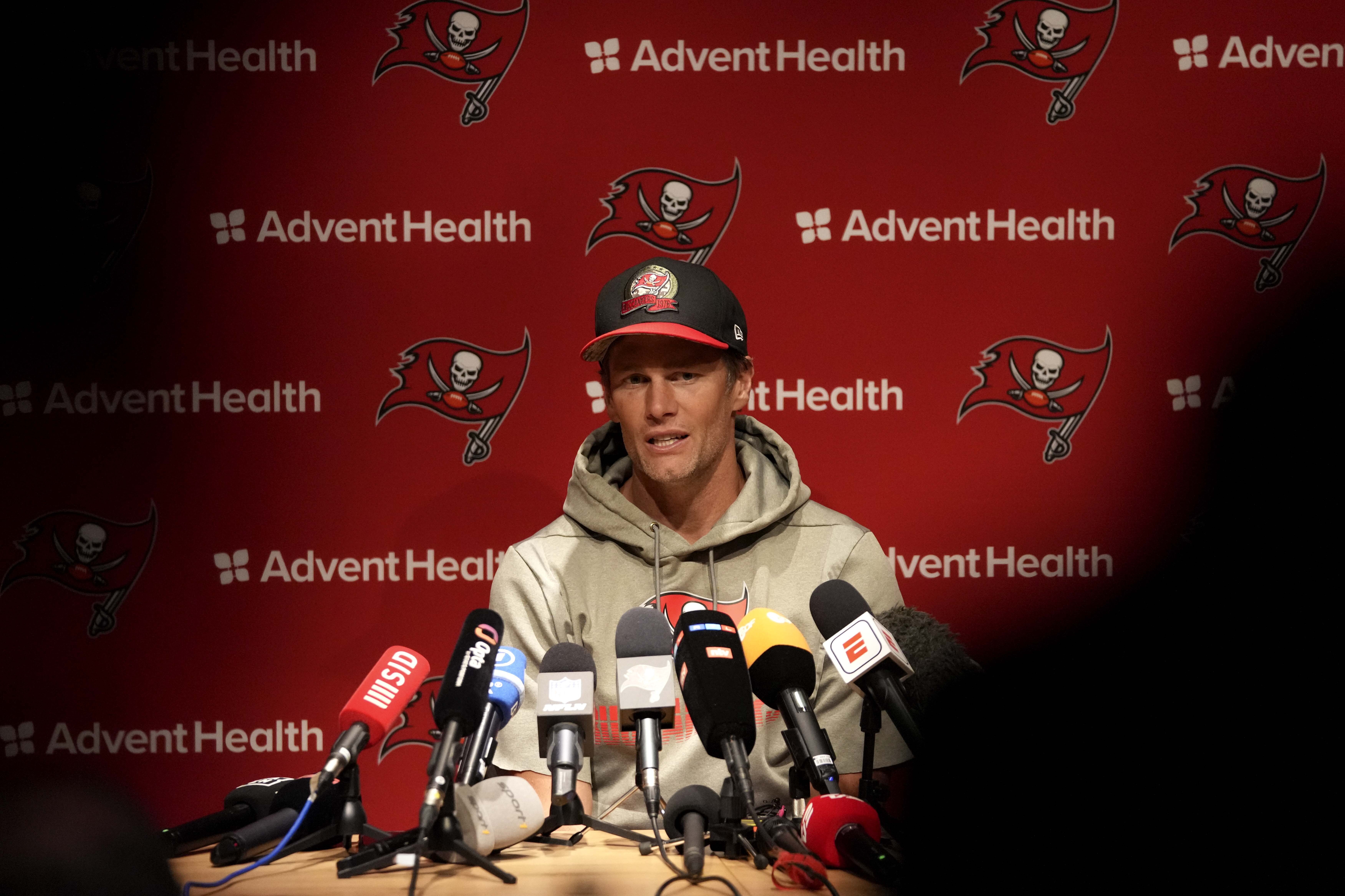 Tampa Bay Buccaneers quarterback Tom Brady attends a news conference after a practice session in Munich, Germany, Friday, Nov. 11, 2022. The Tampa Bay Buccaneers are set to play the Seattle Seahawks in an NFL game at the Allianz Arena in Munich on Sunday. 