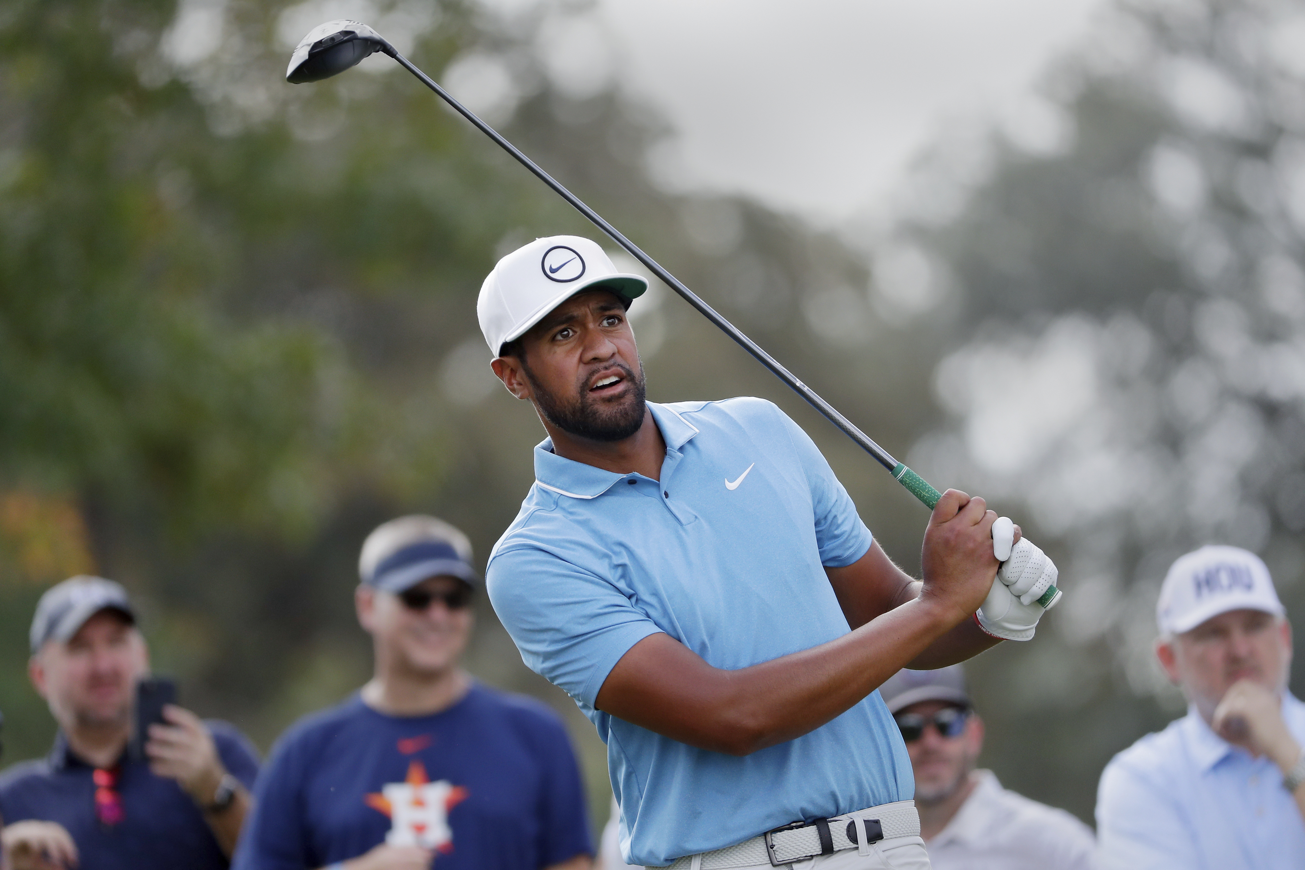 Tony Finau watches his tee shot on the 12th hole during the second round of the Houston Open golf tournament, Friday, Nov. 11, 2022, in Houston.
