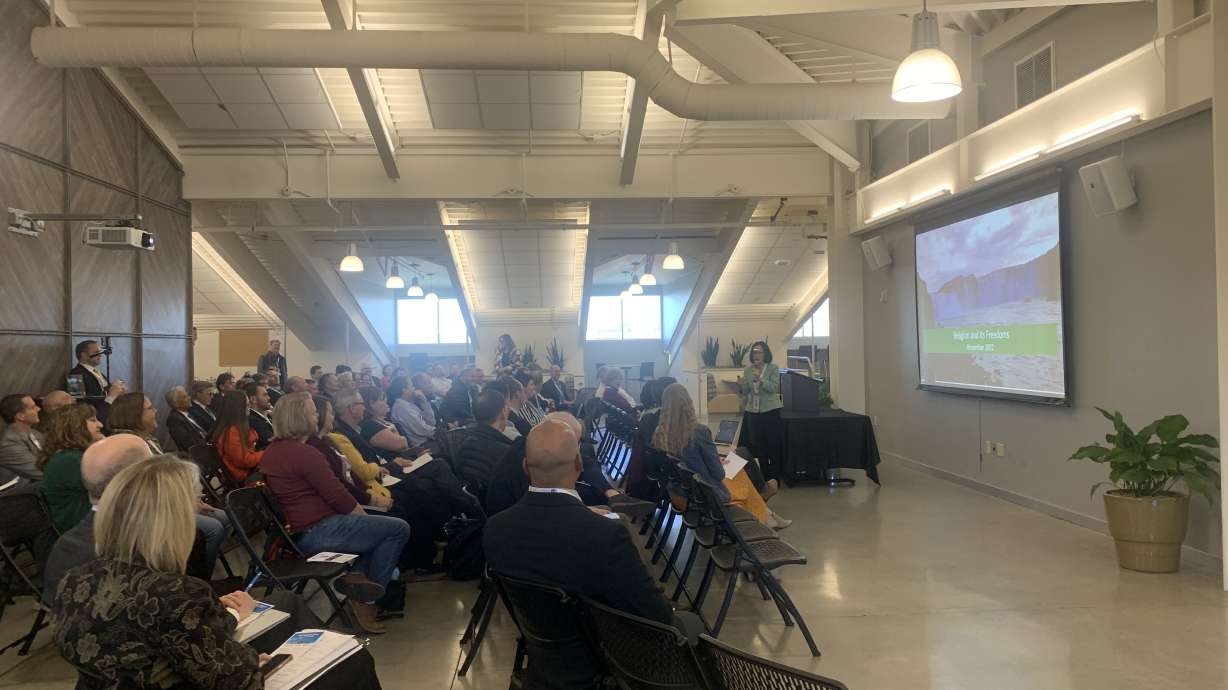 Utah Valley University President Astrid Tuminez speaks about how students and employees can bring their religion to campus at a Utah Interfaith at Work conference on Friday in Lehi.