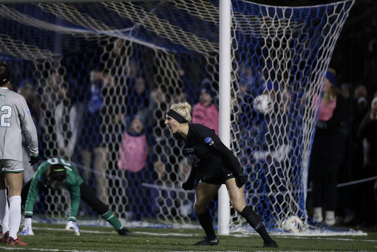 BYU forward Allie Fryer celebrates a goal during the Cougars' 3-0 win over Utah Valley, Friday, Nov. 11, 2022 in the first round of the NCAA women's soccer tournament at South Field in Provo.
