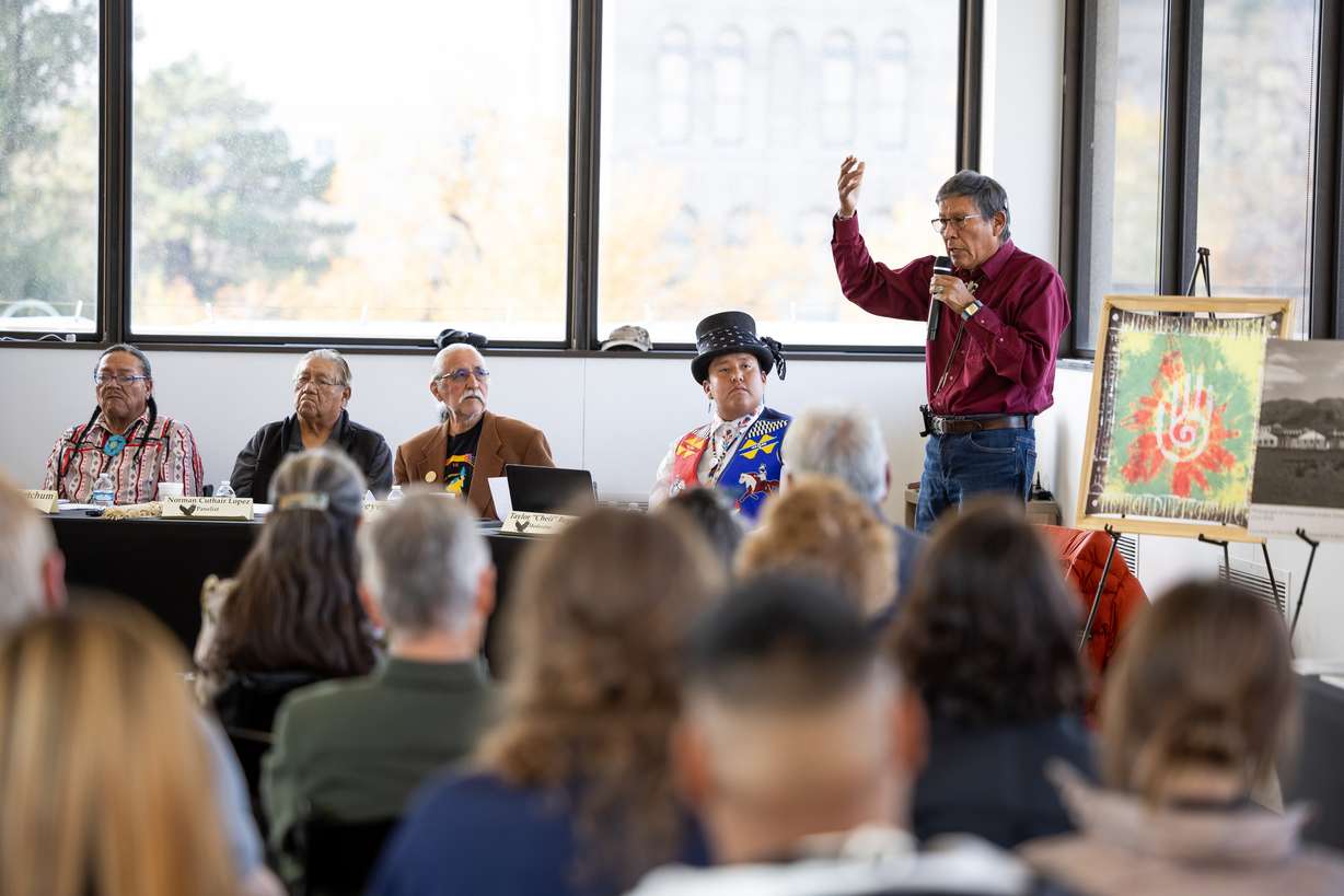 Mark Maryboy, right, speaks during a panel discussion on Native American boarding schools hosted by Utah Diné Bikéyah at the Leonardo Museum in Salt Lake City on Saturday.
