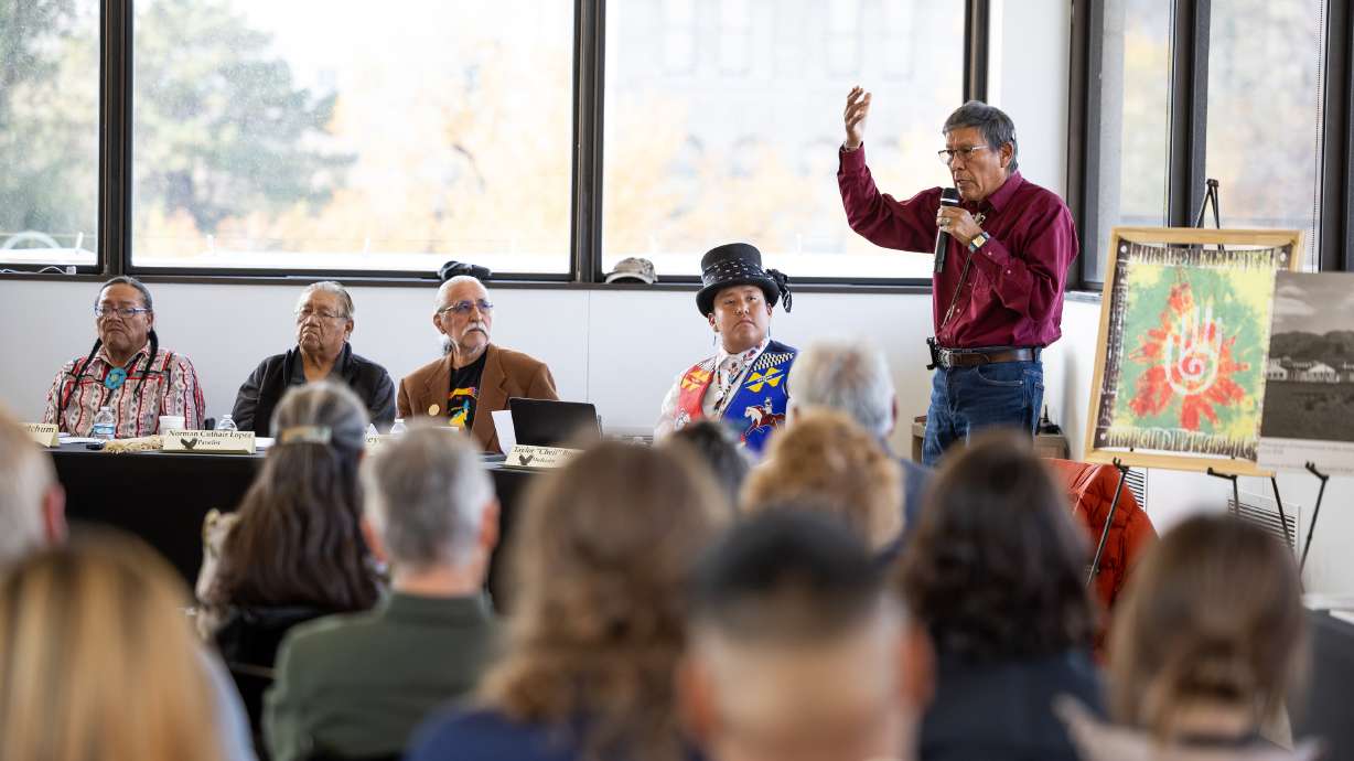 Mark Maryboy, right, speaks during a panel discussion on Native American boarding schools hosted by Utah Diné Bikéyah at the Leonardo Museum in Salt Lake City on Saturday.