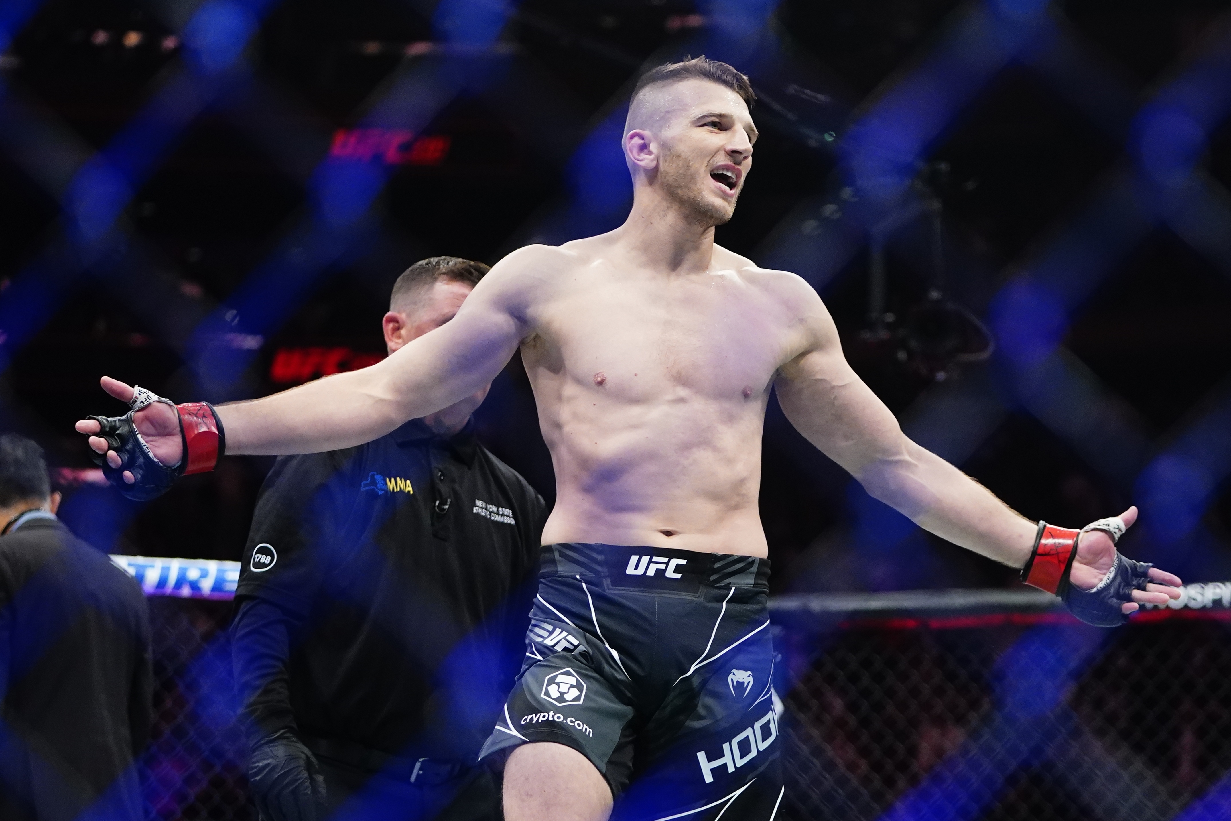 New Zealand's Dan Hooker gestures to his corner after a lightweight bout against Peru's Claudio Puelles at the UFC 281 mixed martial arts event, Saturday, Nov. 12, 2022, in New York. Hooker stopped Puelles in the second round. 