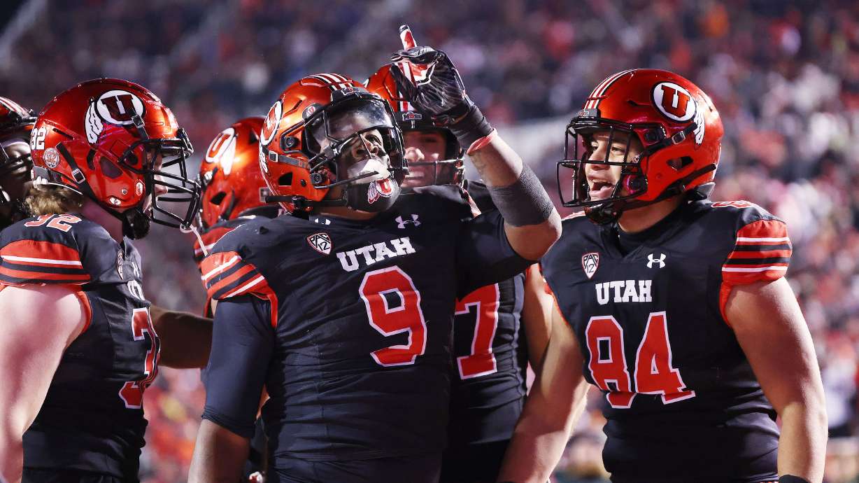 Utah Utes running back Tavion Thomas (9) celebrates his touchdown against the Stanford Cardinal in Salt Lake City on Saturday, Nov. 12, 2022.