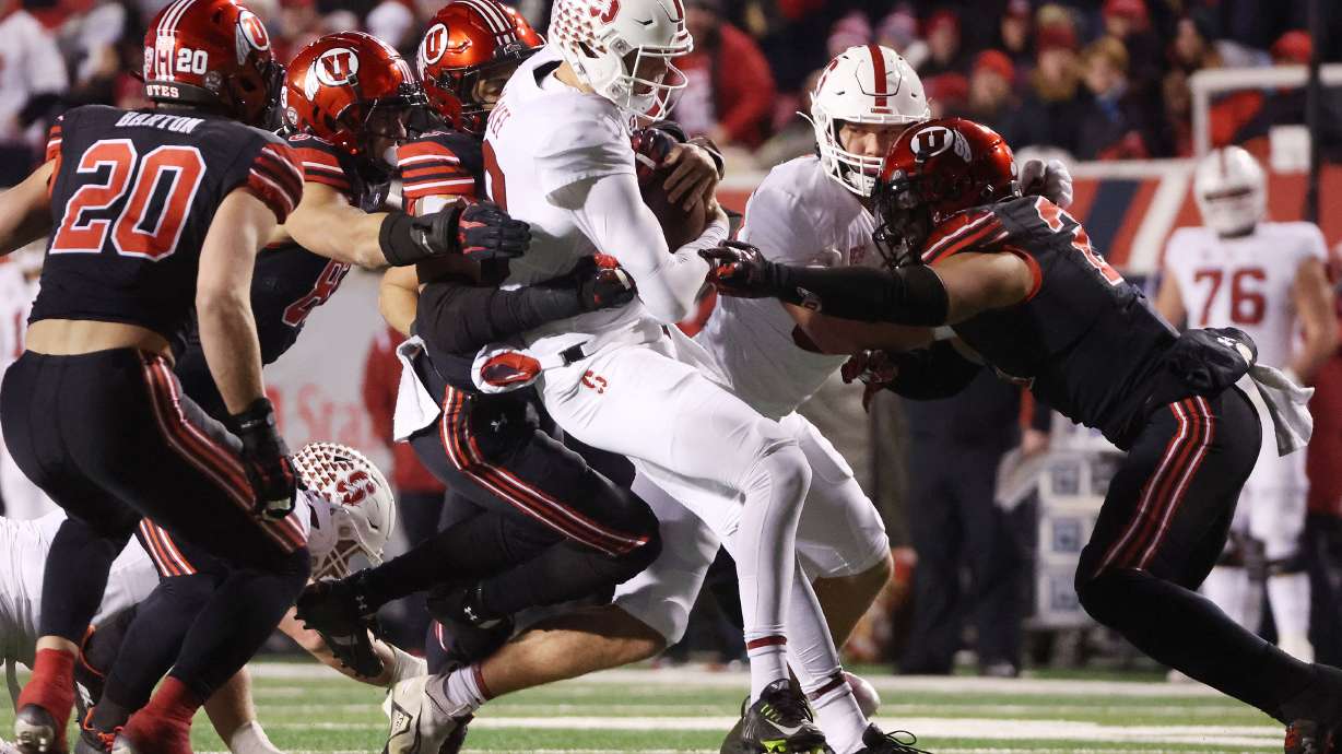 Utah Utes linebacker Mohamoud Diabate (3) sacks Stanford Cardinal quarterback Tanner McKee (18) in Salt Lake City on Saturday, Nov. 12, 2022.