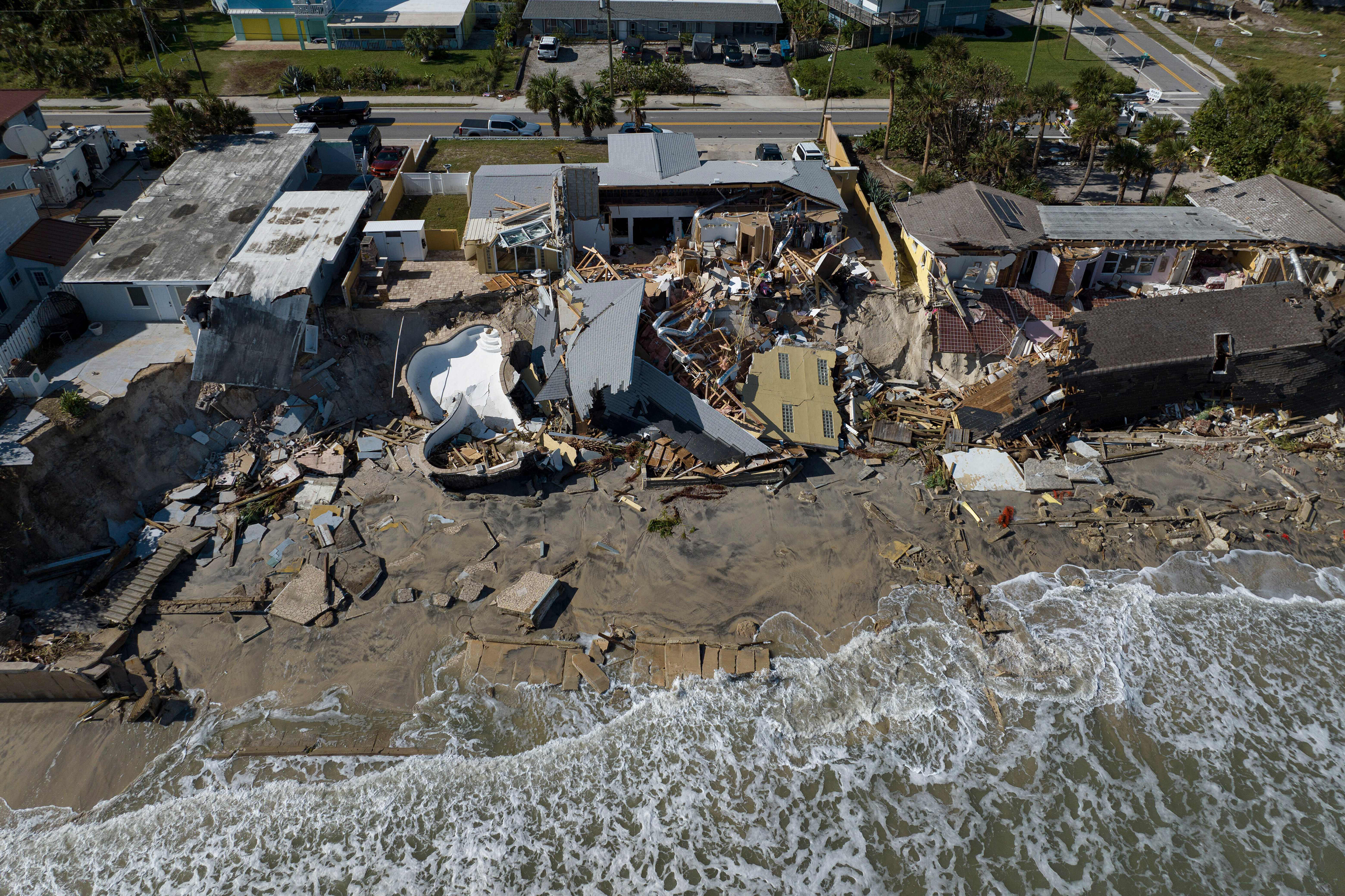 An aerial view of destroyed beachfront homes in the aftermath of Hurricane Nicole at Daytona Beach, Florida, on Nov. 11. A nearby Florida community in Volusia County were entirely washed away during the hurricane.