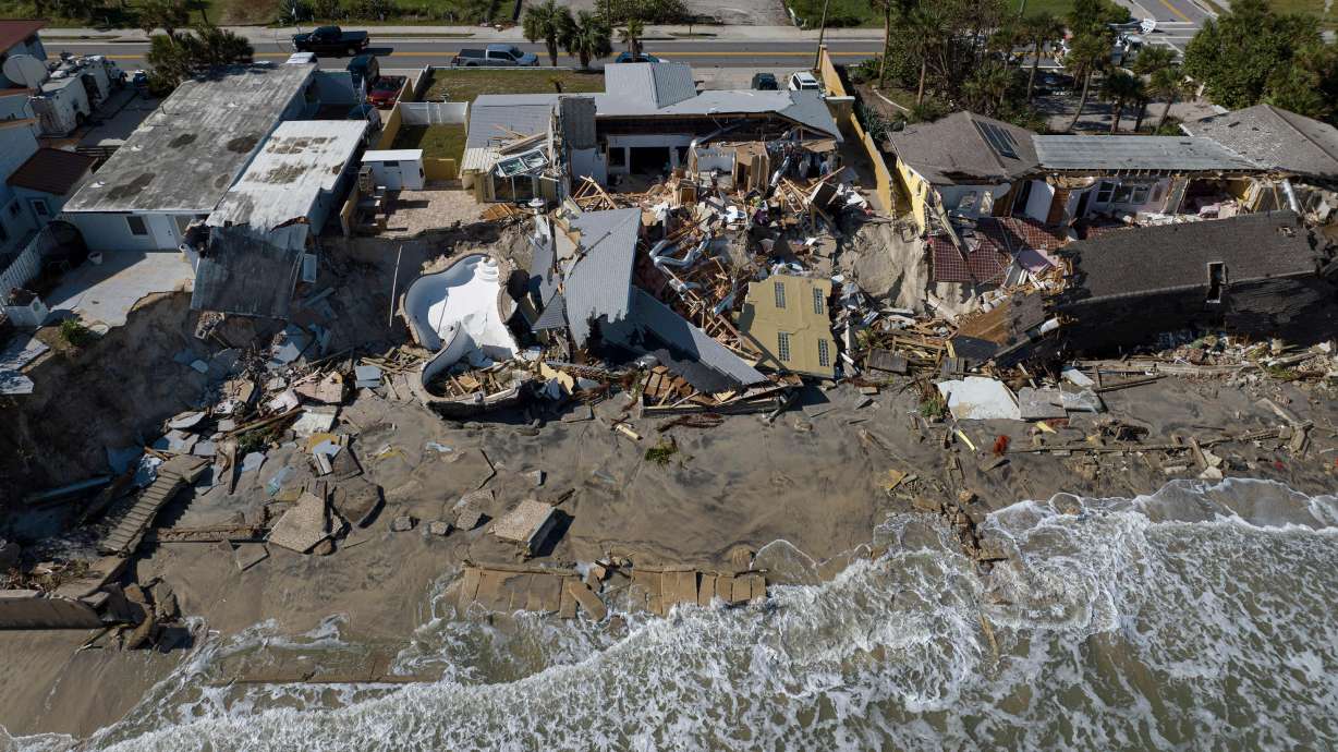 An aerial view of destroyed beachfront homes in the aftermath of Hurricane Nicole at Daytona Beach, Florida, on Nov. 11. A nearby Florida community in Volusia County were entirely washed away during the hurricane.