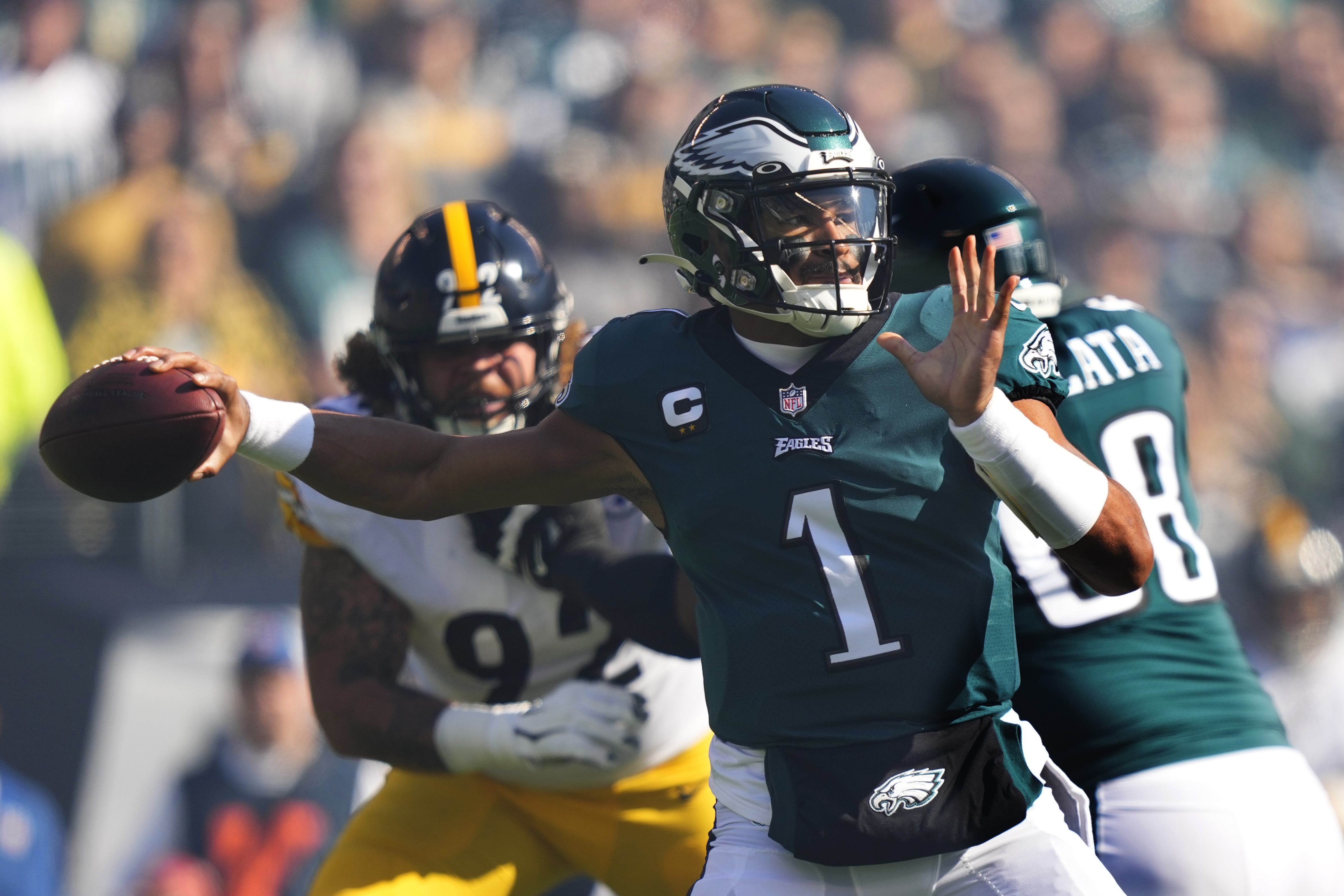 Philadelphia Eagles quarterback Jalen Hurts (1) passes during the first half of an NFL football game between the Pittsburgh Steelers and Philadelphia Eagles, Sunday, Oct. 30, 2022, in Philadelphia.