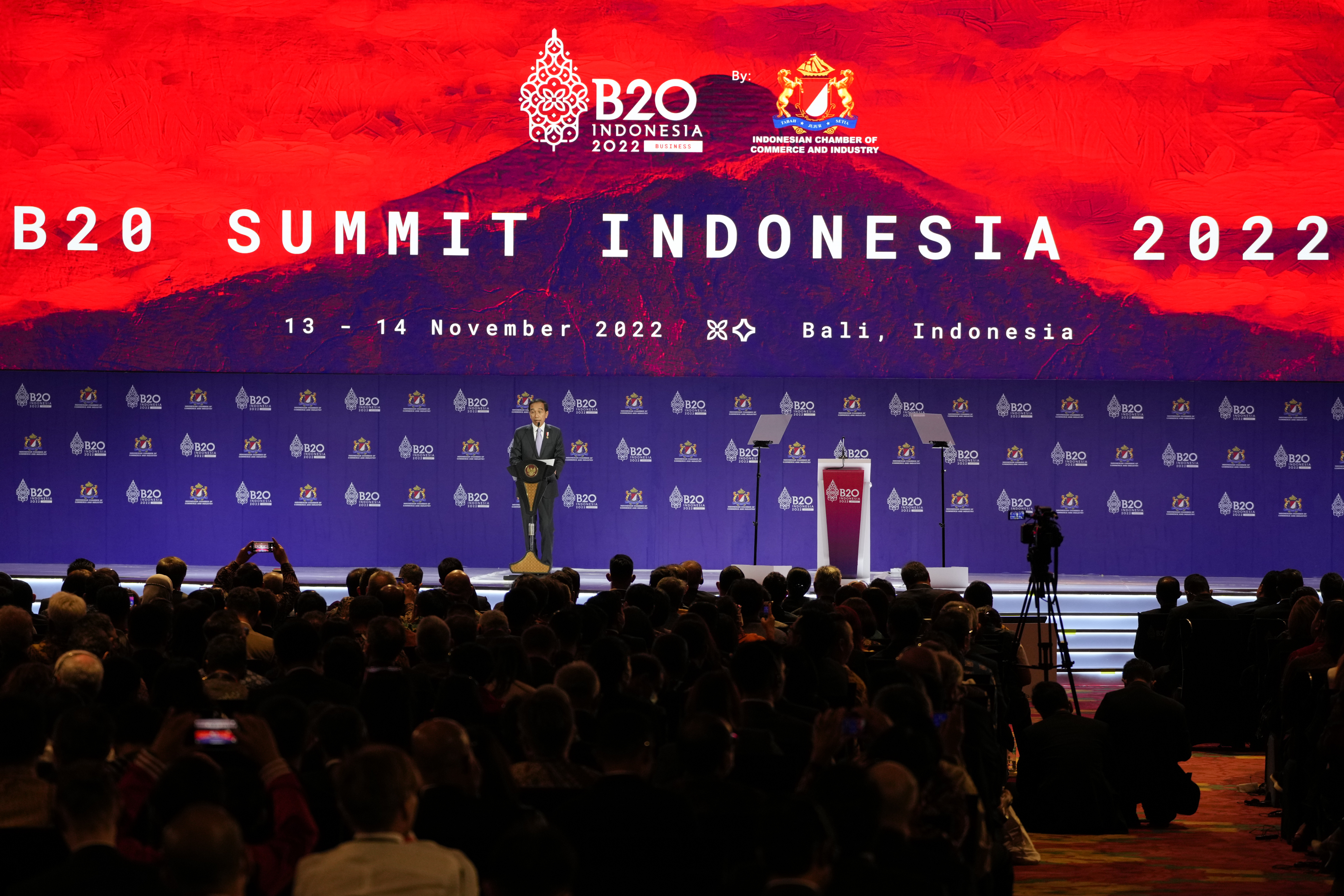 Indonesia President Joko Widodo speaks during the closing of the B20 Summit ahead of the G-20 leaders summit in Nusa Dua, Bali, Indonesia, Monday.