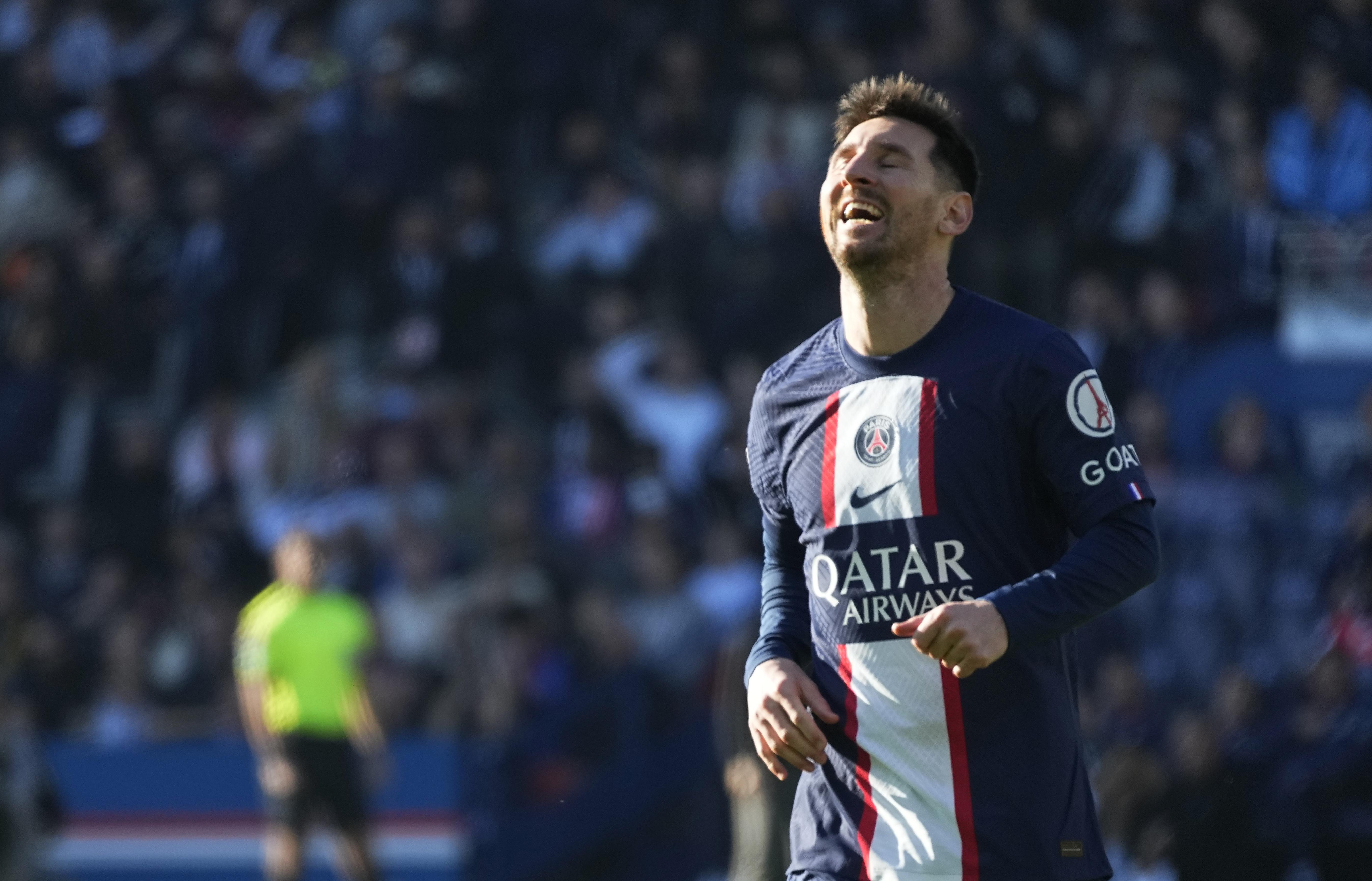 PSG's Lionel Messi reacts after missing a scoring chance during the French League One soccer match between Paris Saint Germain and Auxerre at Parc des Princes stadium in Paris, Sunday, Nov. 13, 2022. 