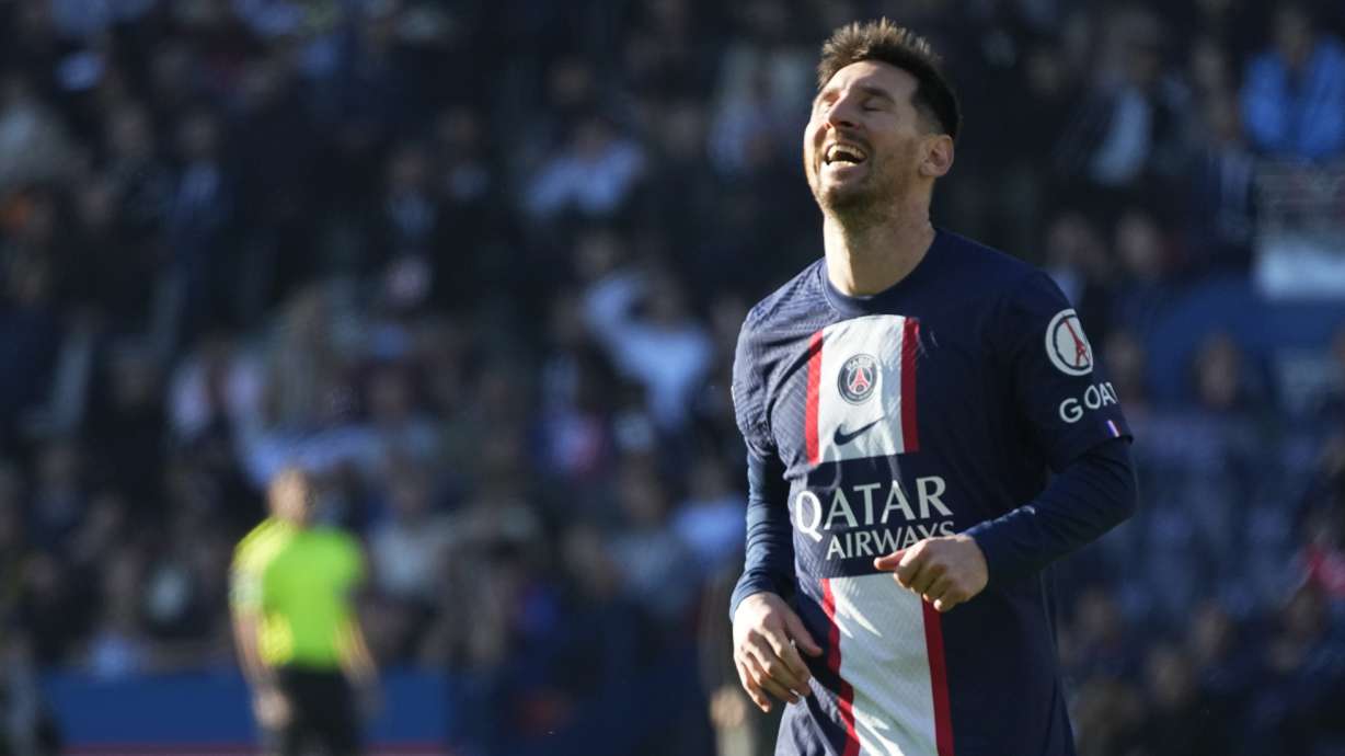 PSG's Lionel Messi reacts after missing a scoring chance during the French League One soccer match between Paris Saint Germain and Auxerre at Parc des Princes stadium in Paris, Sunday, Nov. 13, 2022.
