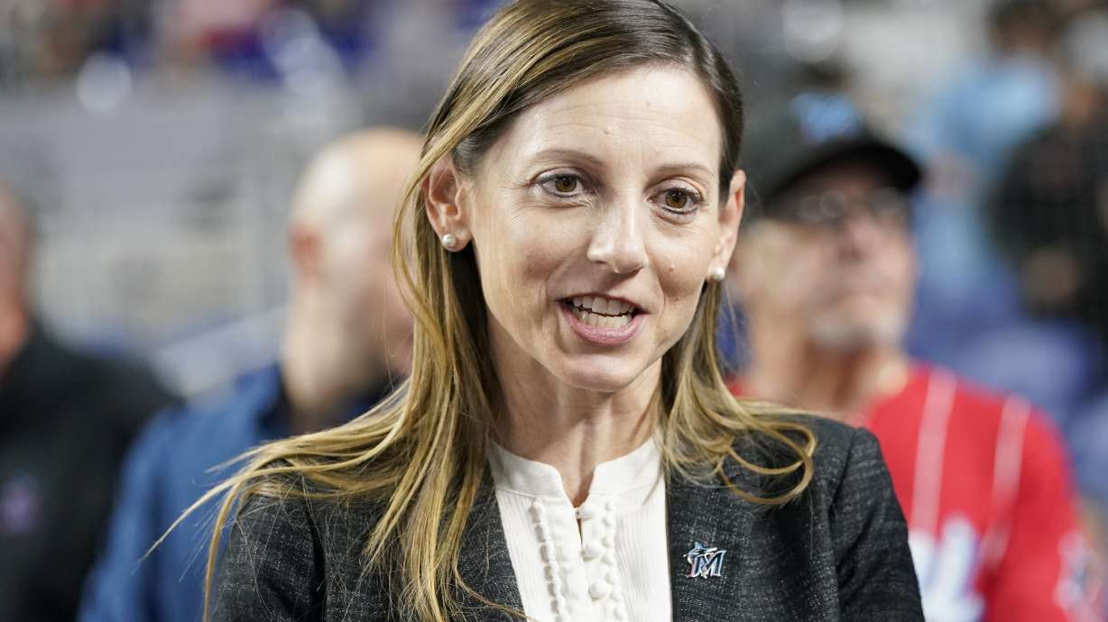 Caroline O'Connor appears before a baseball game against the Philadelphia Phillies, April 15, 2022, in Miami. The Miami Marlins promoted O’Connor to president of business operations on Monday, Nov. 14, 2022 making them the first U.S. major sports franchise to have women as both president and general manager. The Marlins made history by hiring Kim Ng as GM in November 2020; two years later, they’ve now made another significant move.