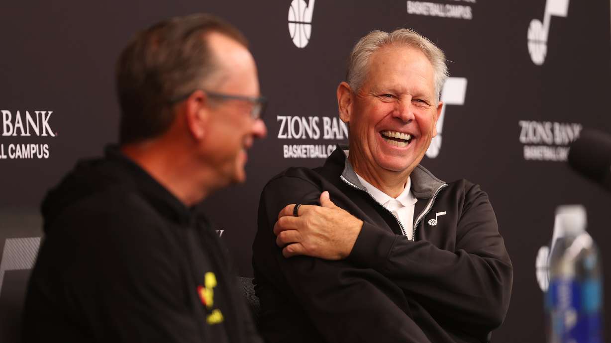 Utah Jazz general manager Justin Zanik and Jazz CEO Danny Ainge laugh during a press conference at the Zions Bank Basketball Campus in Salt Lake City on Monday, Sept. 12, 2022.