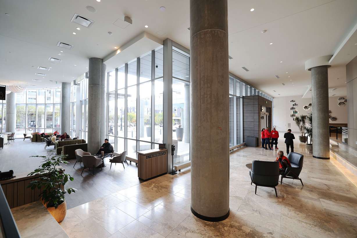 The Hyatt Regency lobby in Salt Lake City on Oct. 27. After a five year absence, the Outdoor Retailers convention returns to Salt Lake City.