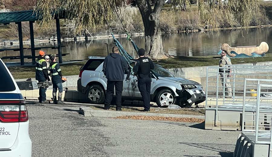 A woman’s vehicle is seen after it had been pulled out of the Snake River in Idaho Falls, Idaho. A Utah man jumped into the Snake River near John's Hole Bridge in Idaho to save the woman after watching her drive her vehicle off the boat dock. 