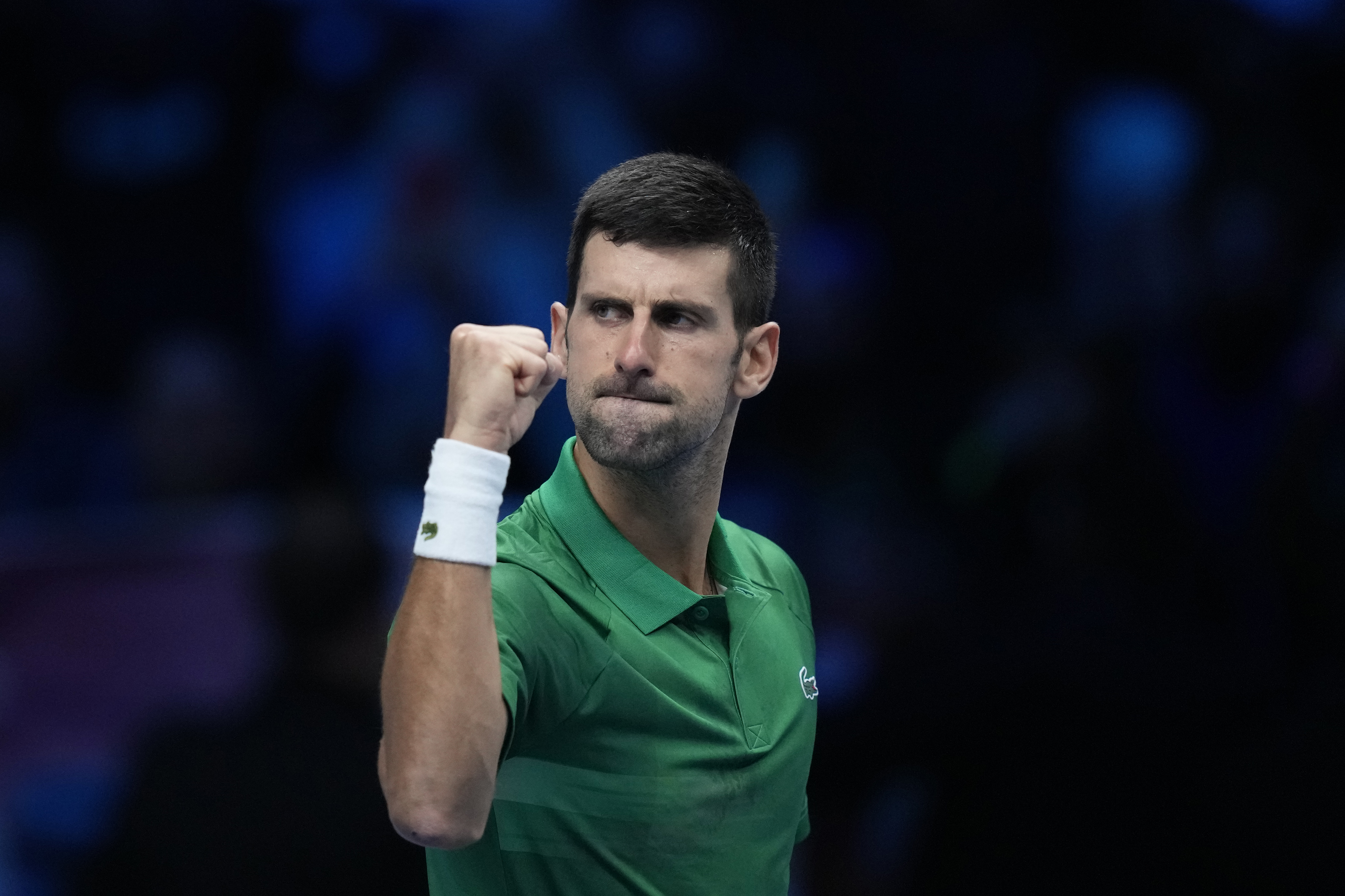 Serbia's Novak Djokovic celebrates after winning against Greece's Stefanos Tsitsipas during their singles tennis match of the ATP World Tour Finals, at the Pala Alpitour in Turin, Italy, Monday, Nov. 14, 2022. 