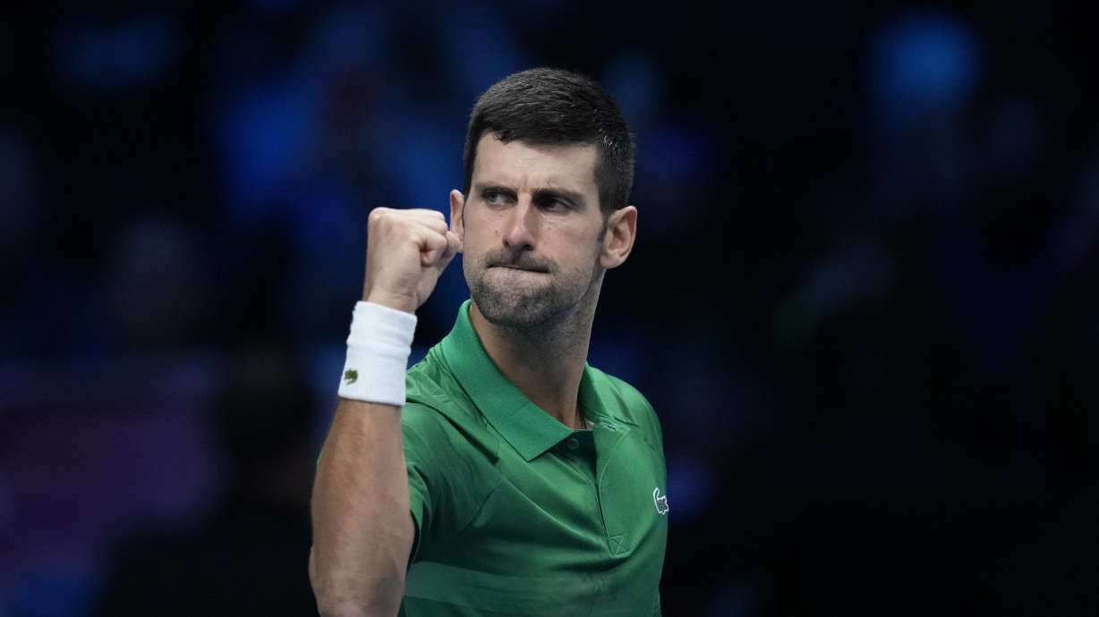 Serbia's Novak Djokovic celebrates after winning against Greece's Stefanos Tsitsipas during their singles tennis match of the ATP World Tour Finals, at the Pala Alpitour in Turin, Italy, Monday, Nov. 14, 2022.