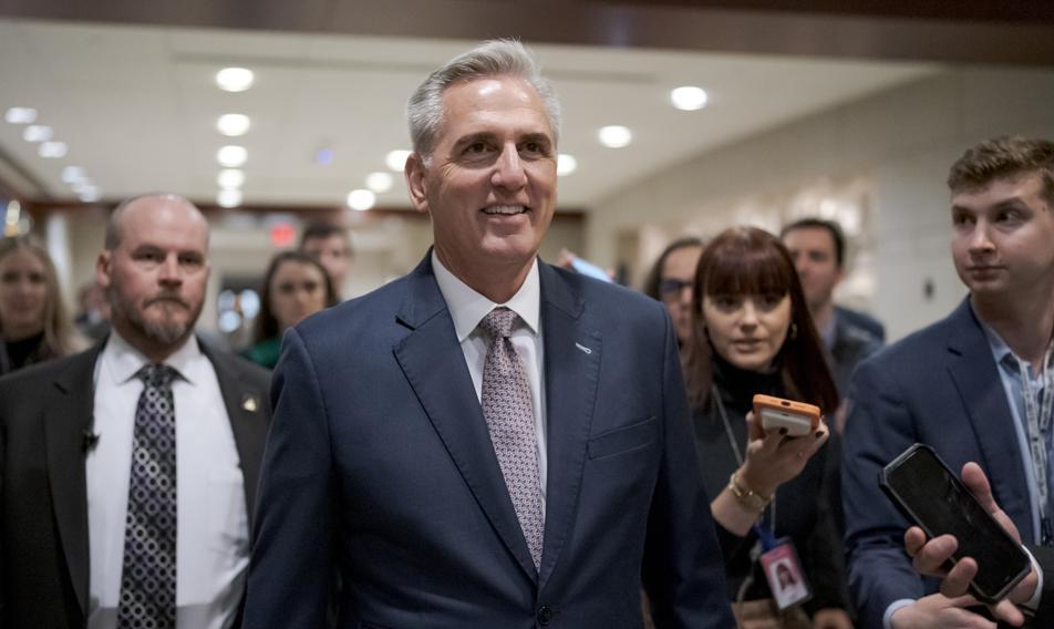 House Minority Leader Kevin McCarthy, R-Calif., who is hoping to be the next speaker of the House, arrives to meet behind closed doors as Republicans hold their leadership candidate forum, where everyone running for a post, including McCarthy, will make their case to the membership, at the Capitol in Washington, Monday.