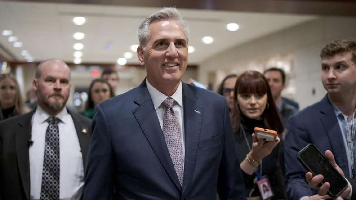 House Minority Leader Kevin McCarthy, R-Calif., who is hoping to be the next speaker of the House, arrives to meet behind closed doors as Republicans hold their leadership candidate forum, where everyone running for a post, including McCarthy, will make their case to the membership, at the Capitol in Washington, Monday.