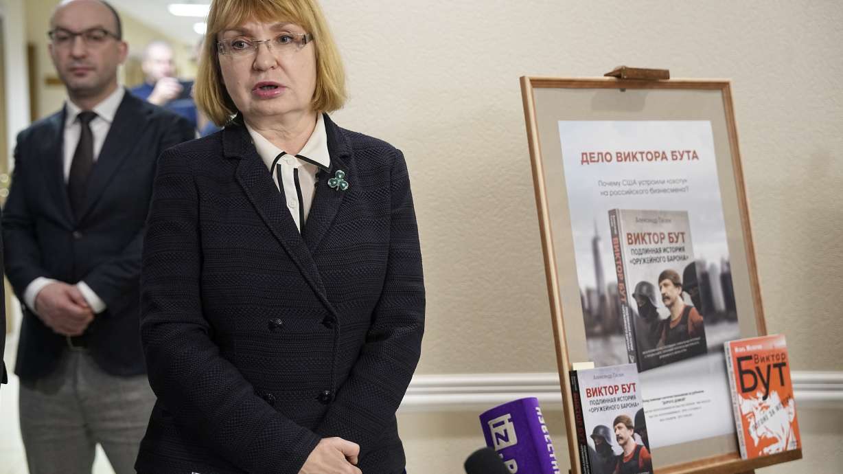 Viktor Bout's wife, Alla, speaks to journalists during an opening of exhibition of artworks by her husband, Russian businessman Viktor Bout, who was sentenced to 25 years in the United States, at the Federation Council of the Federal Assembly of the Russian Federation in Moscow, Russia, Tuesday, Nov. 15, 2022. Russia has sought Bout's release for years and he is believed to be key to a possible prisoner exchange that could free US women's basketball star Brittney Griner.