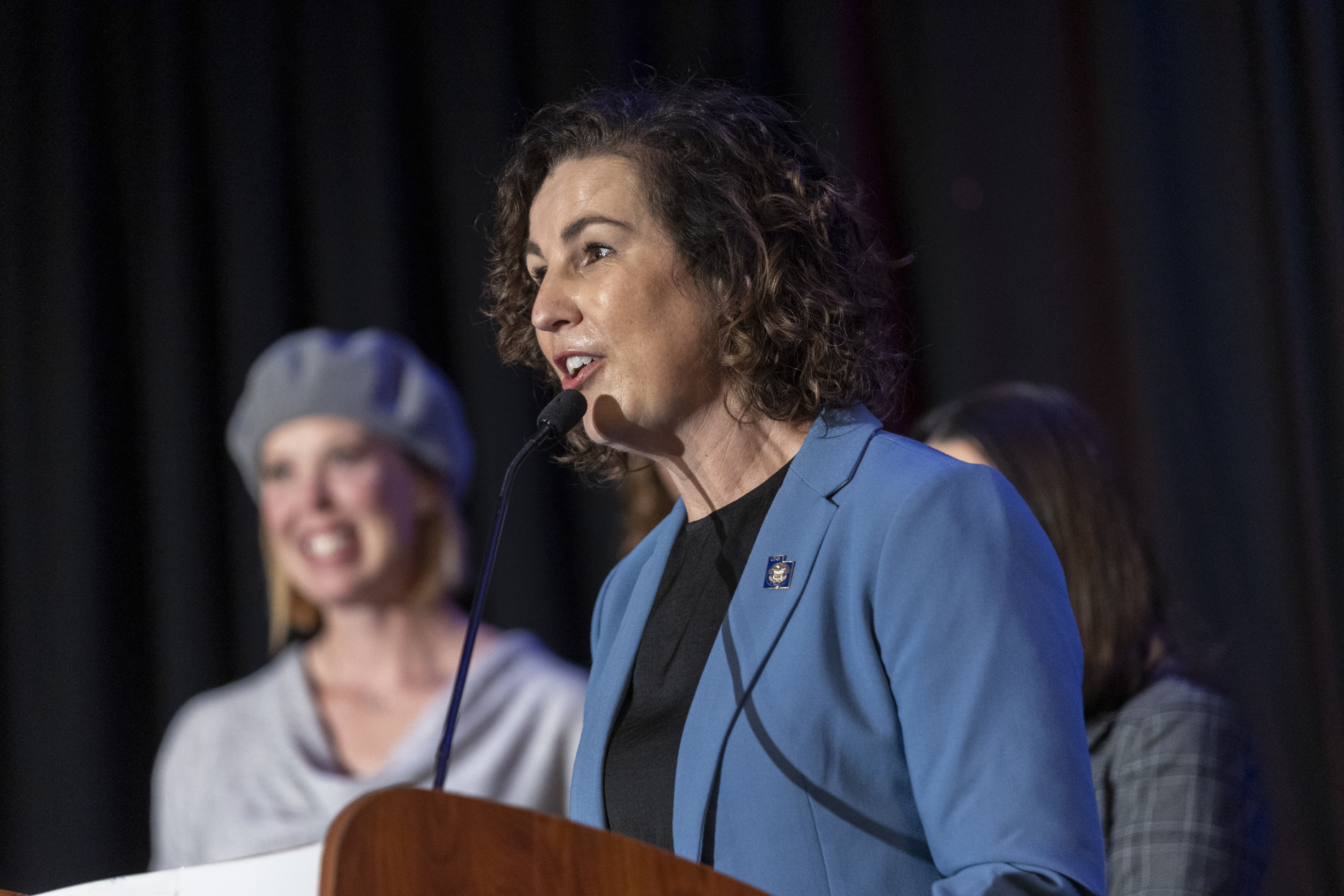 Suzanne Harrison speaks at a Democratic Party watch party at the Sheraton Salt Lake City Hotel in Salt Lake City on Nov. 8. Harrison declared victory in her race on Monday.