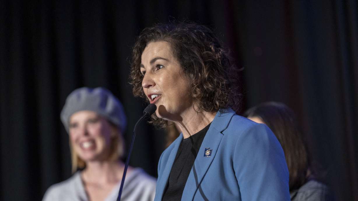 Suzanne Harrison speaks at a Democratic Party watch party at the Sheraton Salt Lake City Hotel in Salt Lake City on Nov. 8. Harrison declared victory in her race on Monday.