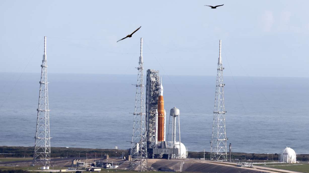 NASA's New Moon rocket is seen at Launch Pad 39B as preparations for launch continue at the Kennedy Space Center in Cape Canaveral, Fla., Tuesday. This launch, scheduled for early Wednesday, is the first flight test of the Artemis program.