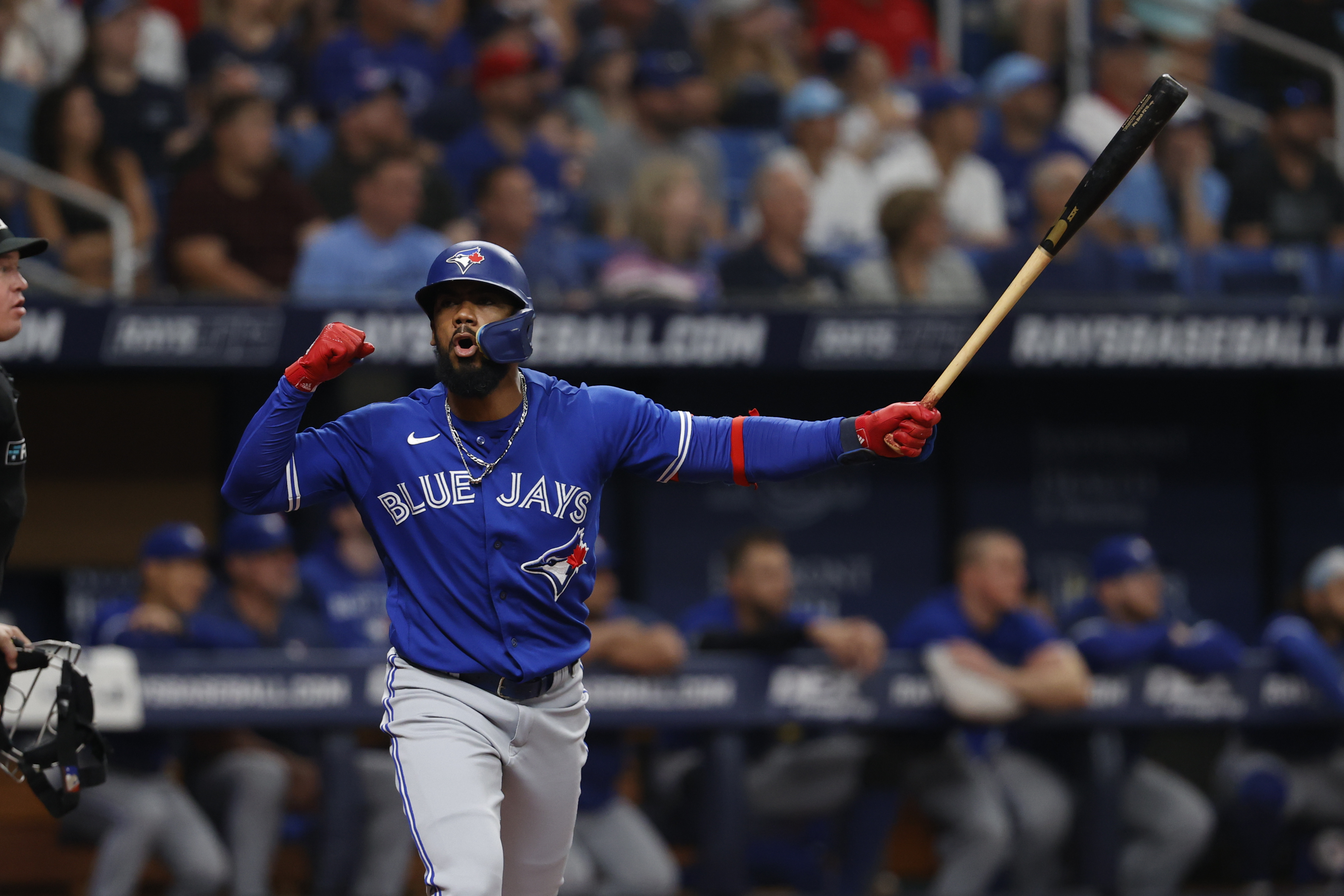 Toronto Blue Jays' Teoscar Hernandez reacts while batting during a baseball game Sept. 24, 2022, in St. Petersburg, Fla. The Seattle Mariners made one of the first big moves of the offseason by acquiring All-Star outfielder Teoscar Hernandez from the Blue Jays in exchange for two pitchers on Wednesday, Nov. 16, 2022. 