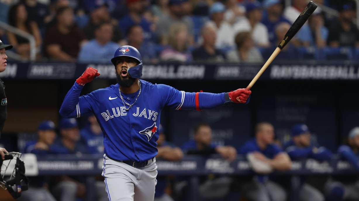 Toronto Blue Jays' Teoscar Hernandez reacts while batting during a baseball game Sept. 24, 2022, in St. Petersburg, Fla. The Seattle Mariners made one of the first big moves of the offseason by acquiring All-Star outfielder Teoscar Hernandez from the Blue Jays in exchange for two pitchers on Wednesday, Nov. 16, 2022.