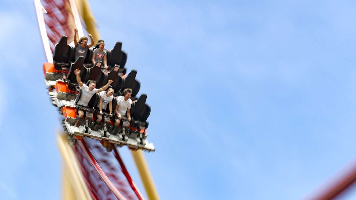 Guests scream with excitement as they ride Cannibal at Lagoon Amusement Park in Farmington on June 15, 2020. Lagoon announced Wednesday a new interactive roller coaster named Primordial is scheduled to open in 2023.