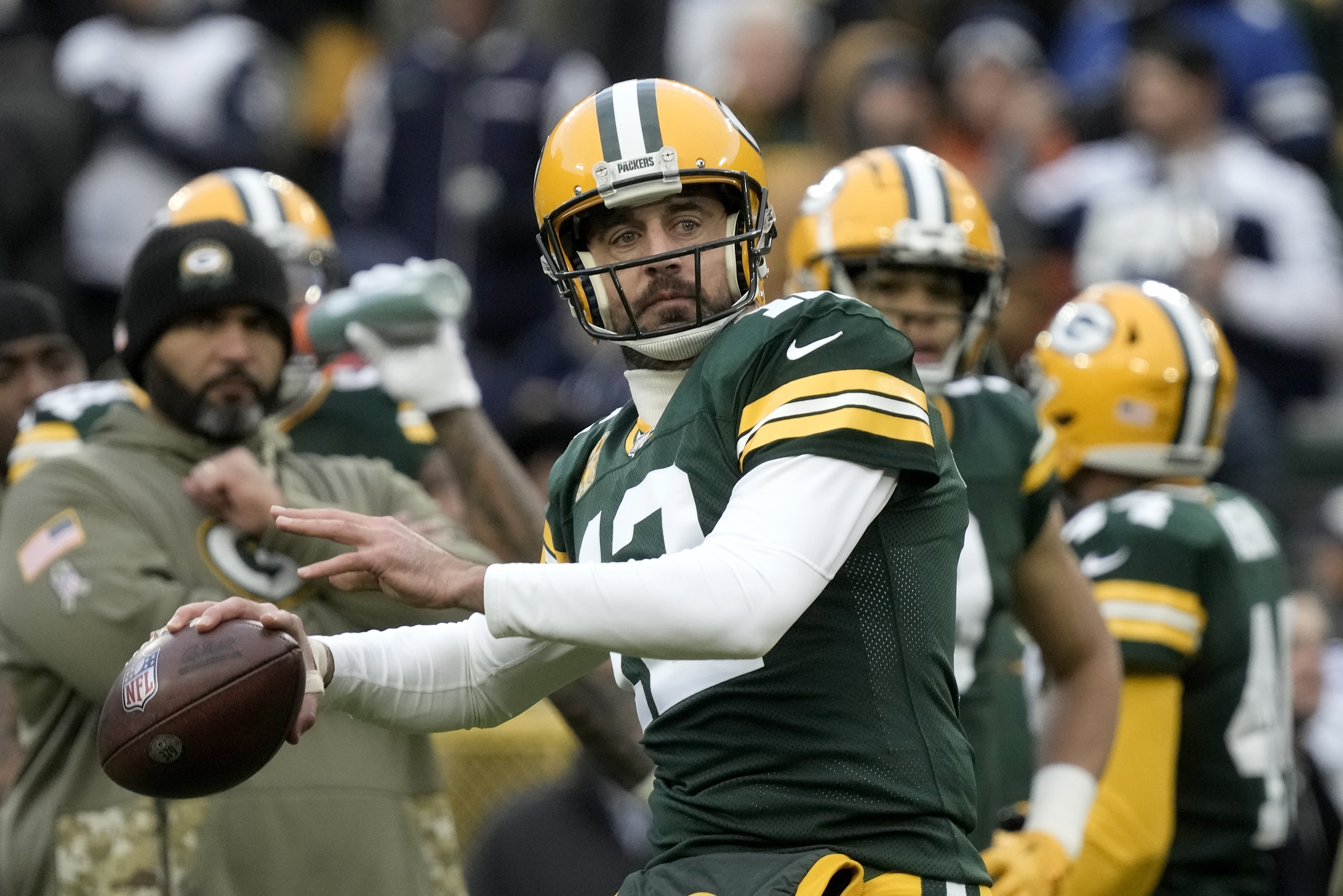 Green Bay Packers quarterback Aaron Rodgers warms up before an NFL football game against the Dallas Cowboys Sunday, Nov. 13, 2022, in Green Bay, Wis. 