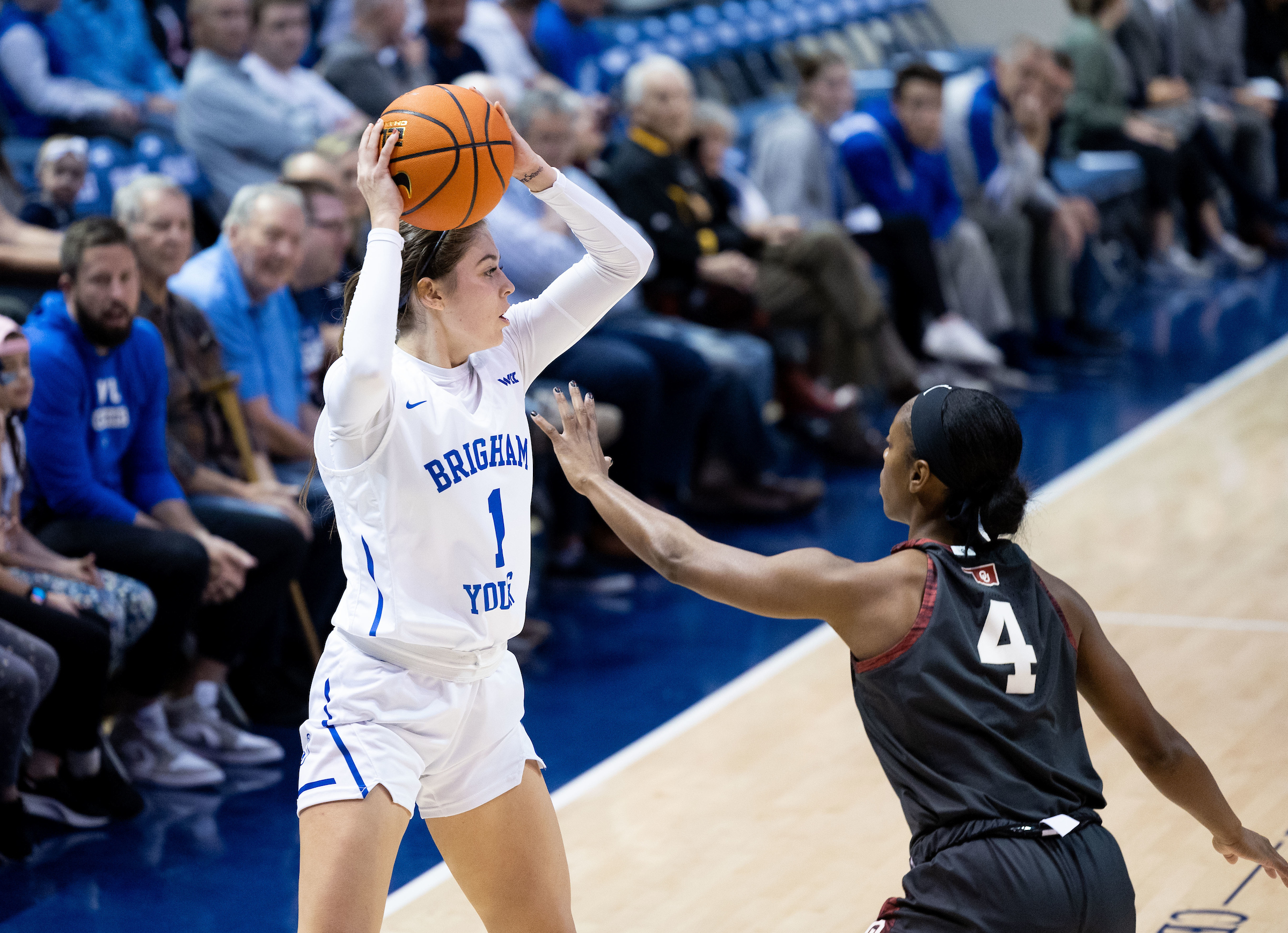 BYU wing Amanda Barcello looks to pass during a game against No. 16 Oklahoma, Nov. 15, 2022 in the Marriott Center in Provo, Utah.