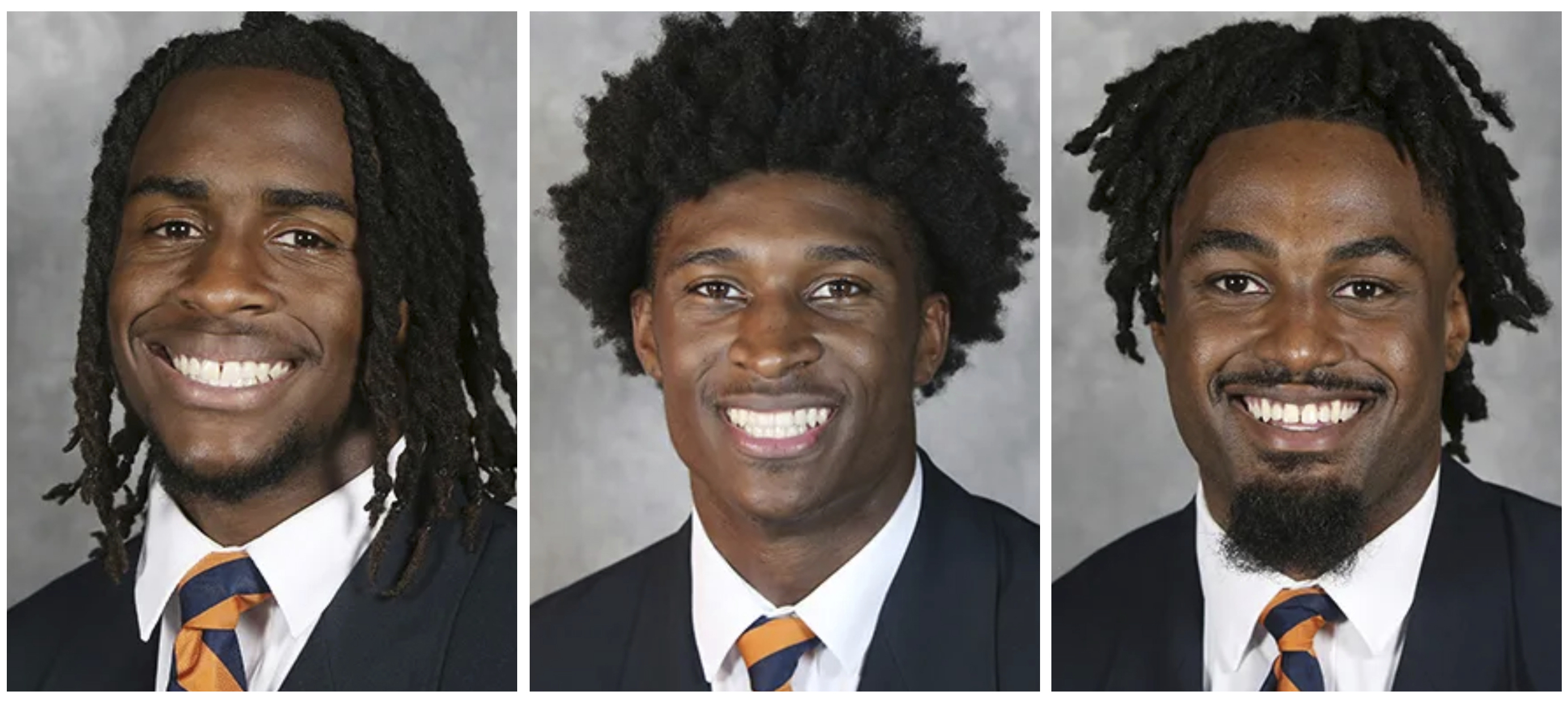 This combo of undated image provided by University of Virginia Athletics shows NCAA college football players, from left, Devin Chandler, Lavel Davis Jr. and D'Sean Perry. The three Virginia football players were killed in a shooting, Sunday, Nov. 13, 2022, in Charlottesville, Va., while returning from a class trip to see a play. 