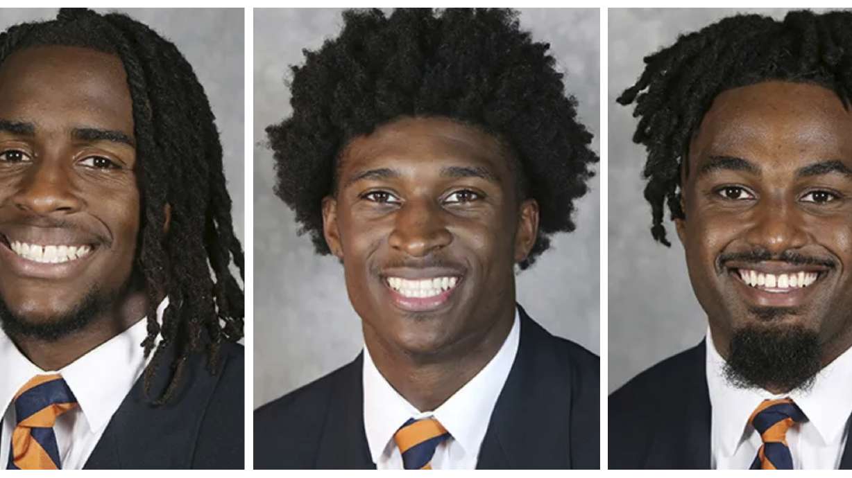 This combo of undated image provided by University of Virginia Athletics shows NCAA college football players, from left, Devin Chandler, Lavel Davis Jr. and D'Sean Perry. The three Virginia football players were killed in a shooting, Sunday, Nov. 13, 2022, in Charlottesville, Va., while returning from a class trip to see a play.
