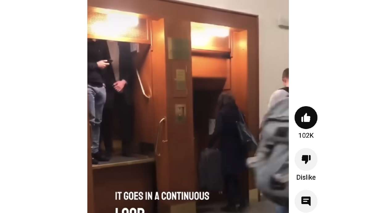 A paternoster elevator never stops for people to get on or off.