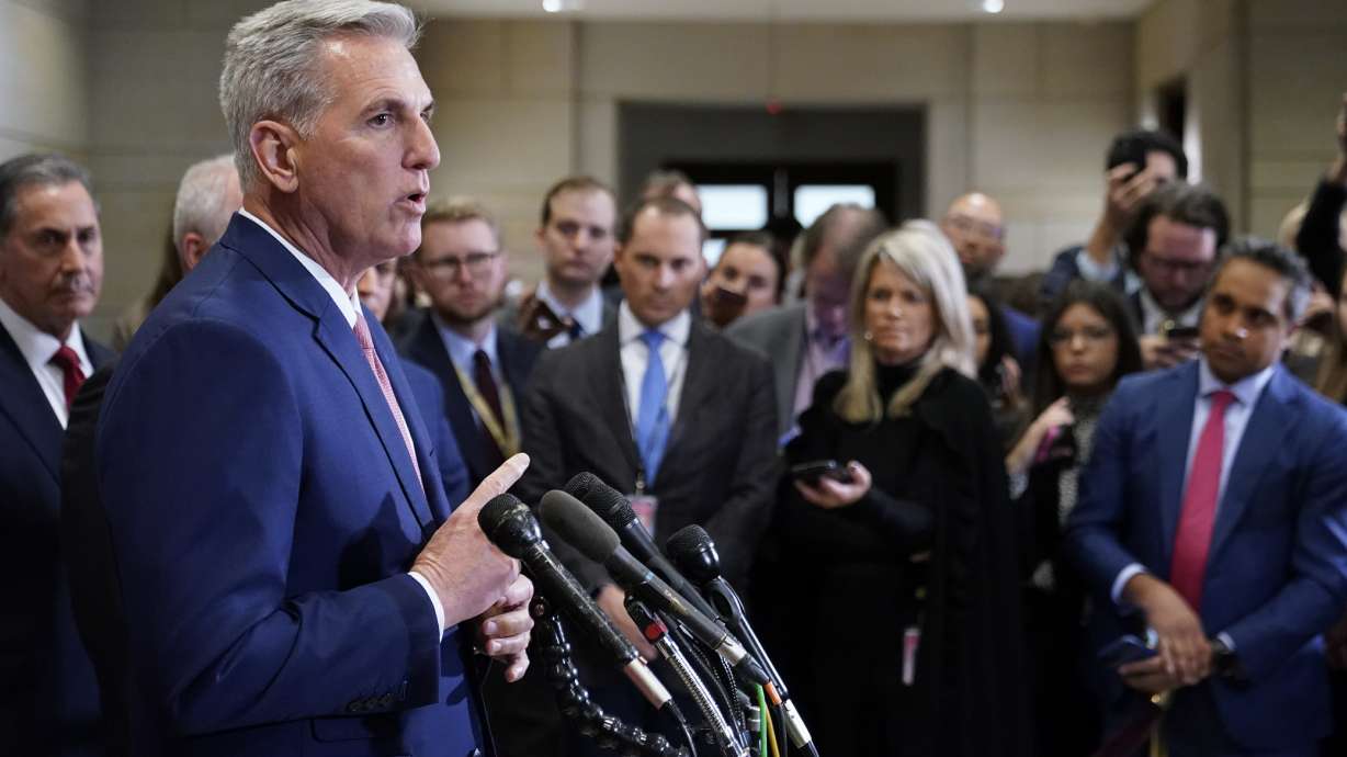 House Minority Leader Kevin McCarthy of Calif., speaks with journalists after winning the House Speaker nomination at a House Republican leadership meeting, Tuesday, on Capitol Hill in Washington.