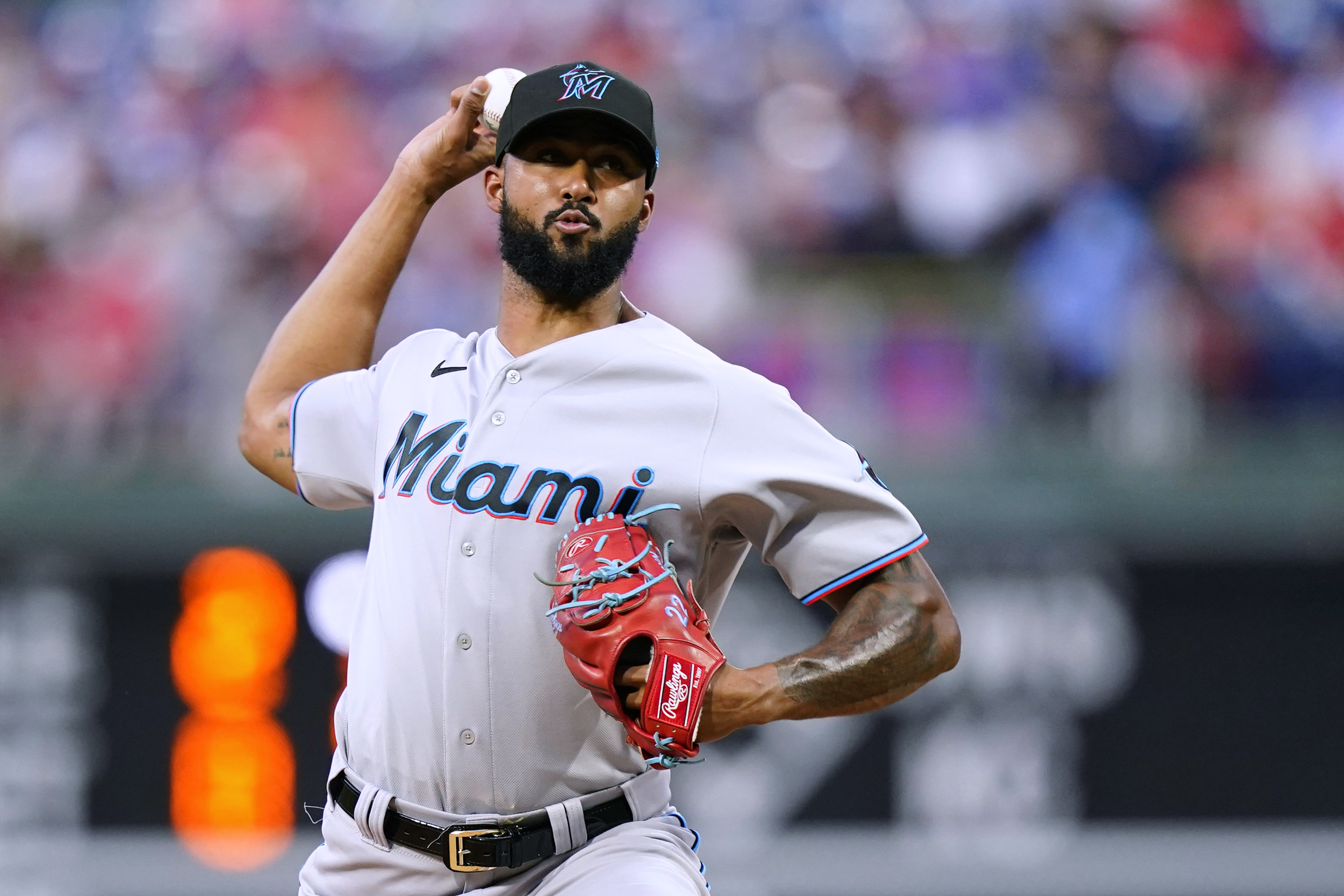 FILE - Miami Marlins' Sandy Alcantara pitches during the second inning of the team's baseball game against the Philadelphia Phillies, Aug. 10, 2022, in Philadelphia. Alcantara won the National League Cy Young Award unanimously on Wednesday night, Nov. 16, after posting a 2.28 ERA while pitching a major league-best 228 2/3 innings and six compete games.