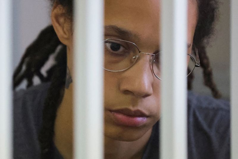 U.S. basketball player Brittney Griner sits inside a defendants' cage before the court's verdict outside Moscow, Russia Aug. 4. Griner has begun serving her nine-year sentence for drug possession at a Russian penal colony, her lawyer and agents said Thursday. 