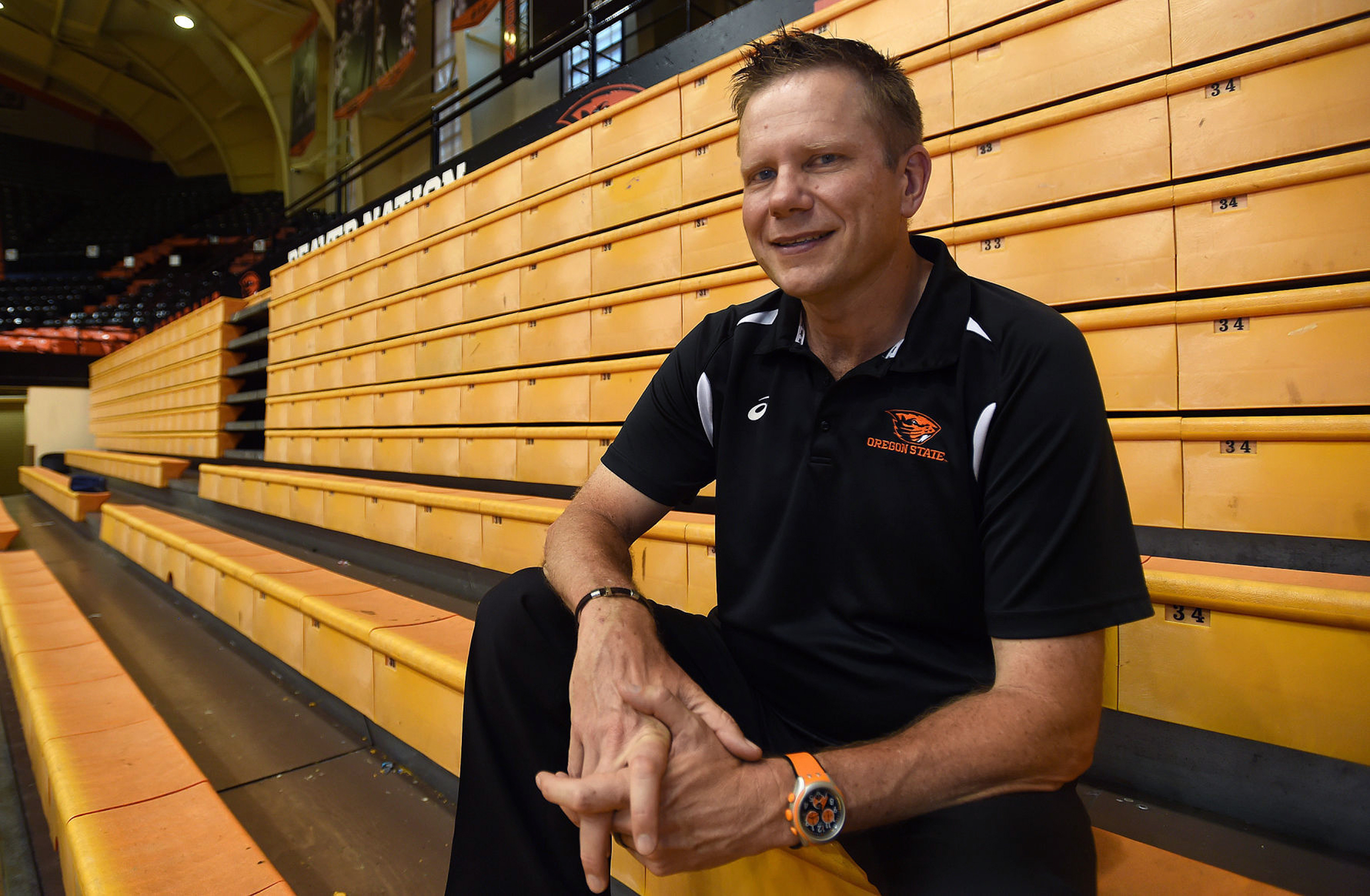 FILE - Oregon State University volleyball coach Mark Barnard poses for a photo in Corvallis, Ore. Barnard will retire at the end of the season, closing a tenure marked by frequent roster turnover, player allegations of emotional abuse and the school's long-running lawsuit against The Associated Press to withhold records about the athletic department's response to complaints about his program. 