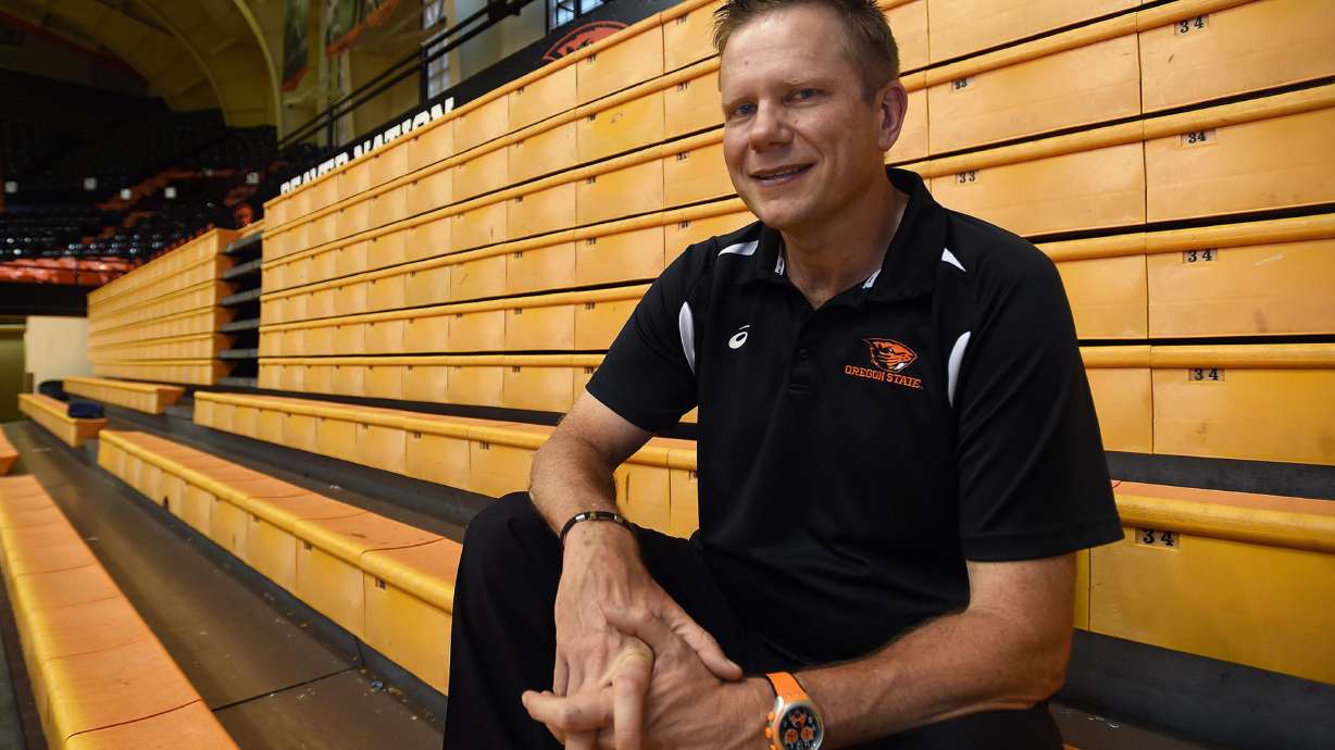 FILE - Oregon State University volleyball coach Mark Barnard poses for a photo in Corvallis, Ore. Barnard will retire at the end of the season, closing a tenure marked by frequent roster turnover, player allegations of emotional abuse and the school's long-running lawsuit against The Associated Press to withhold records about the athletic department's response to complaints about his program.