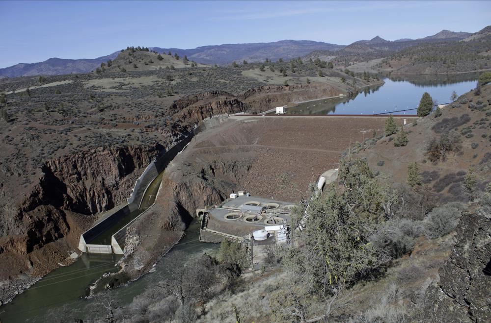The Iron Gate Dam, powerhouse and spillway is seen on the lower Klamath River near Hornbrook, Calif, on March 3, 2020. The largest dam demolition and river restoration plan in the world could be close to reality Thursday as U.S. regulators vote on a plan to remove four aging hydro-electric structures, reopening hundreds of miles of California river habitat to imperiled salmon.
