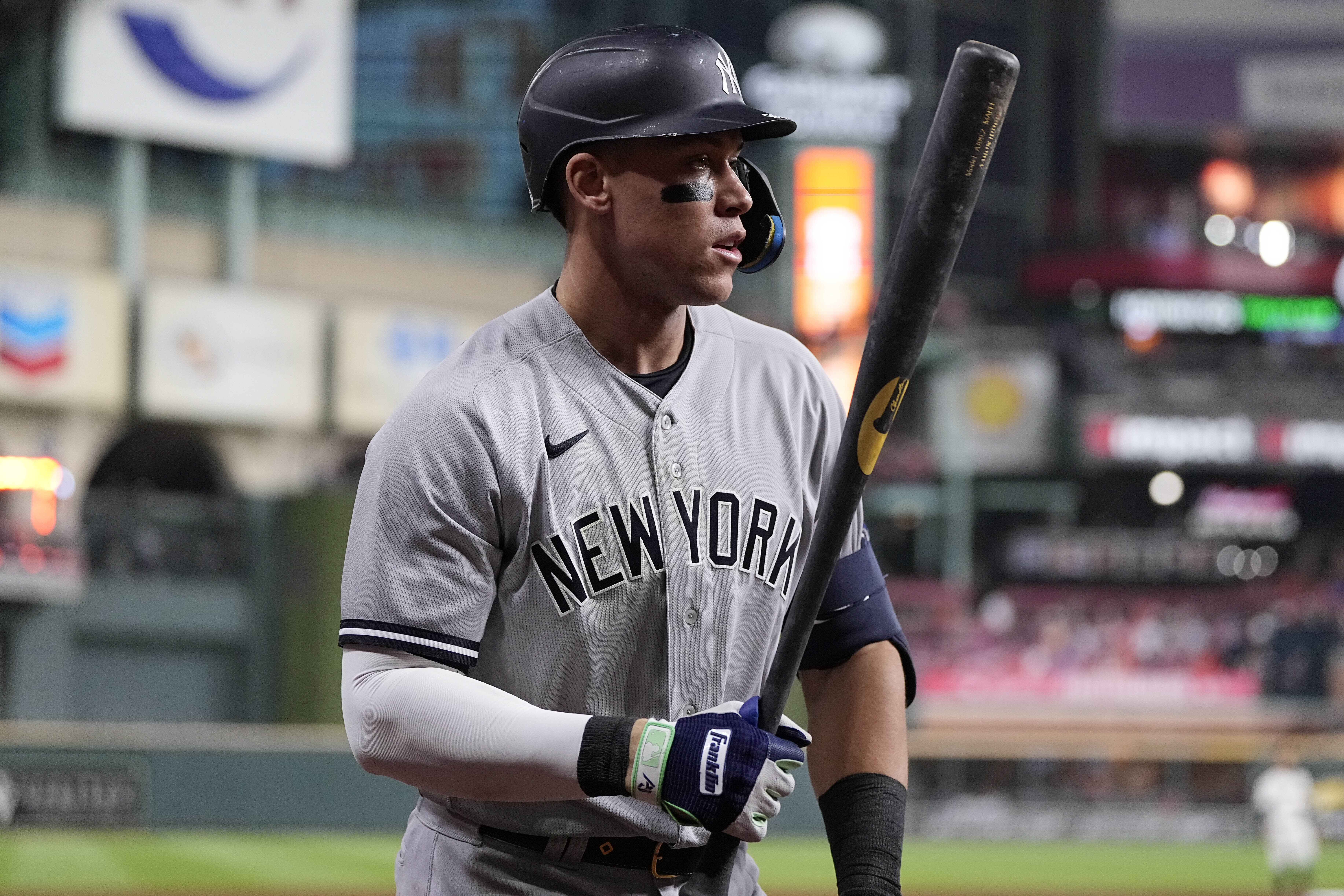 New York Yankees Aaron Judge (99) prepares to bat during the eigth inning in Game 1 of baseball's American League Championship Series between the Houston Astros and the New York Yankees, Wednesday, Oct. 19, 2022, in Houston. 